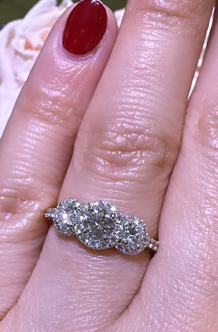 0.94carat Round Cut Halo Diamond Three Stone Ring