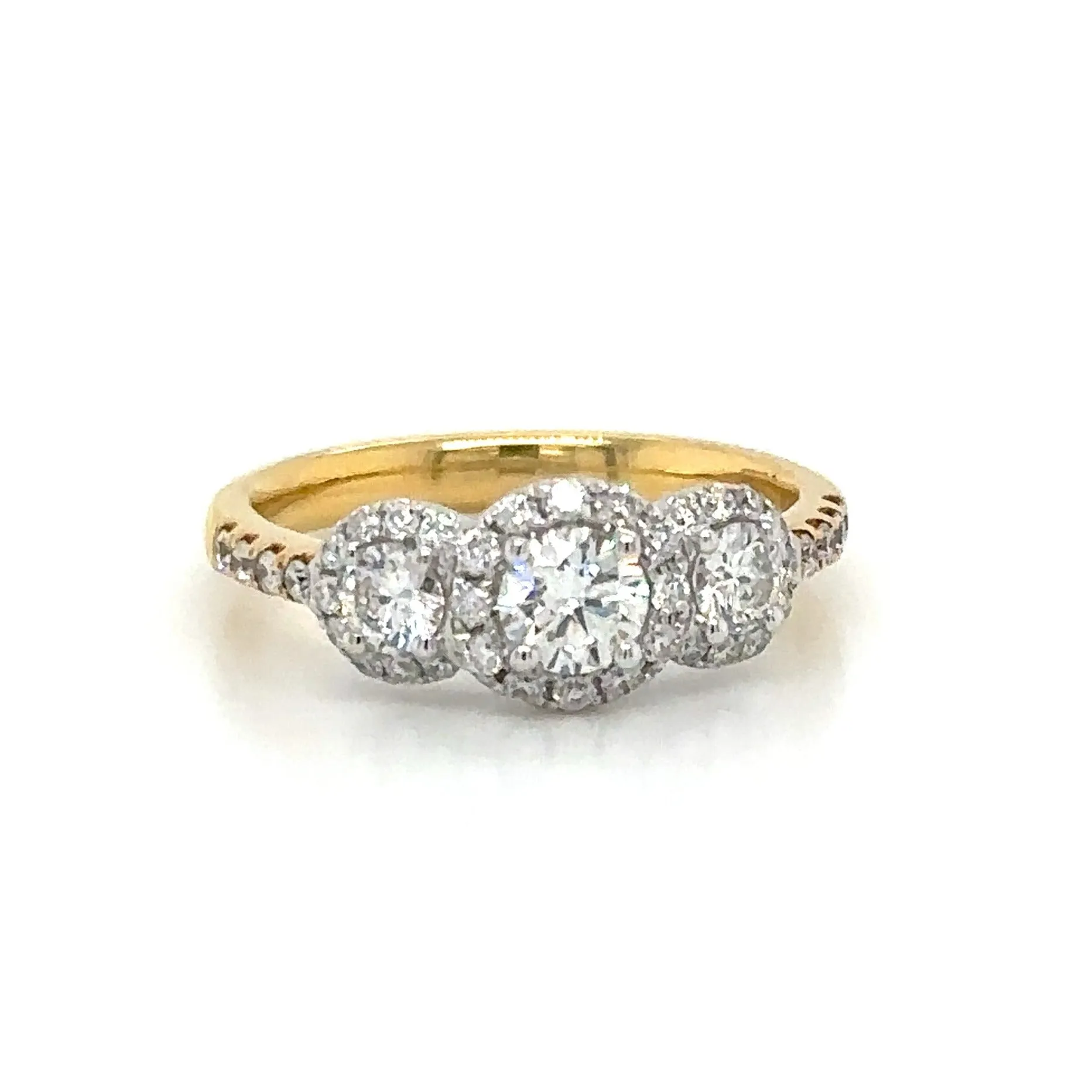 0.94carat Round Cut Halo Diamond Three Stone Ring