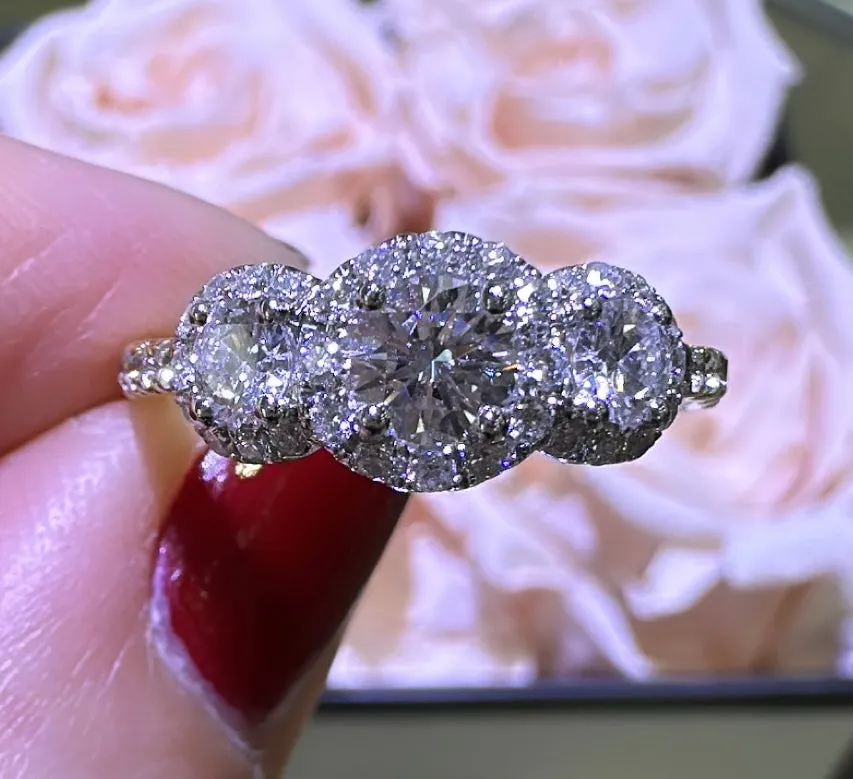 0.94carat Round Cut Halo Diamond Three Stone Ring