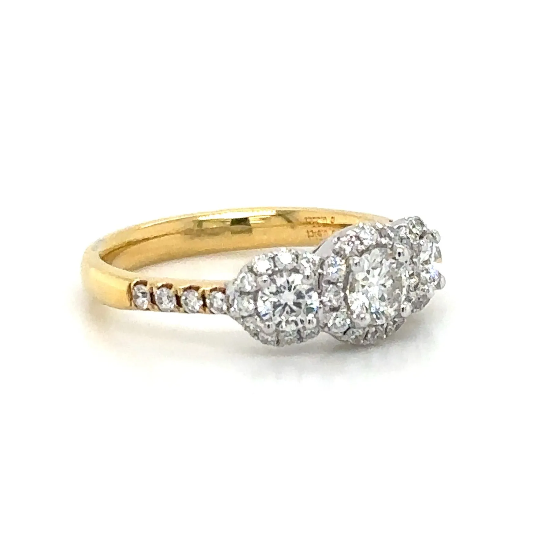 0.94carat Round Cut Halo Diamond Three Stone Ring