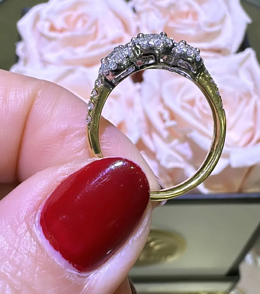 0.94carat Round Cut Halo Diamond Three Stone Ring
