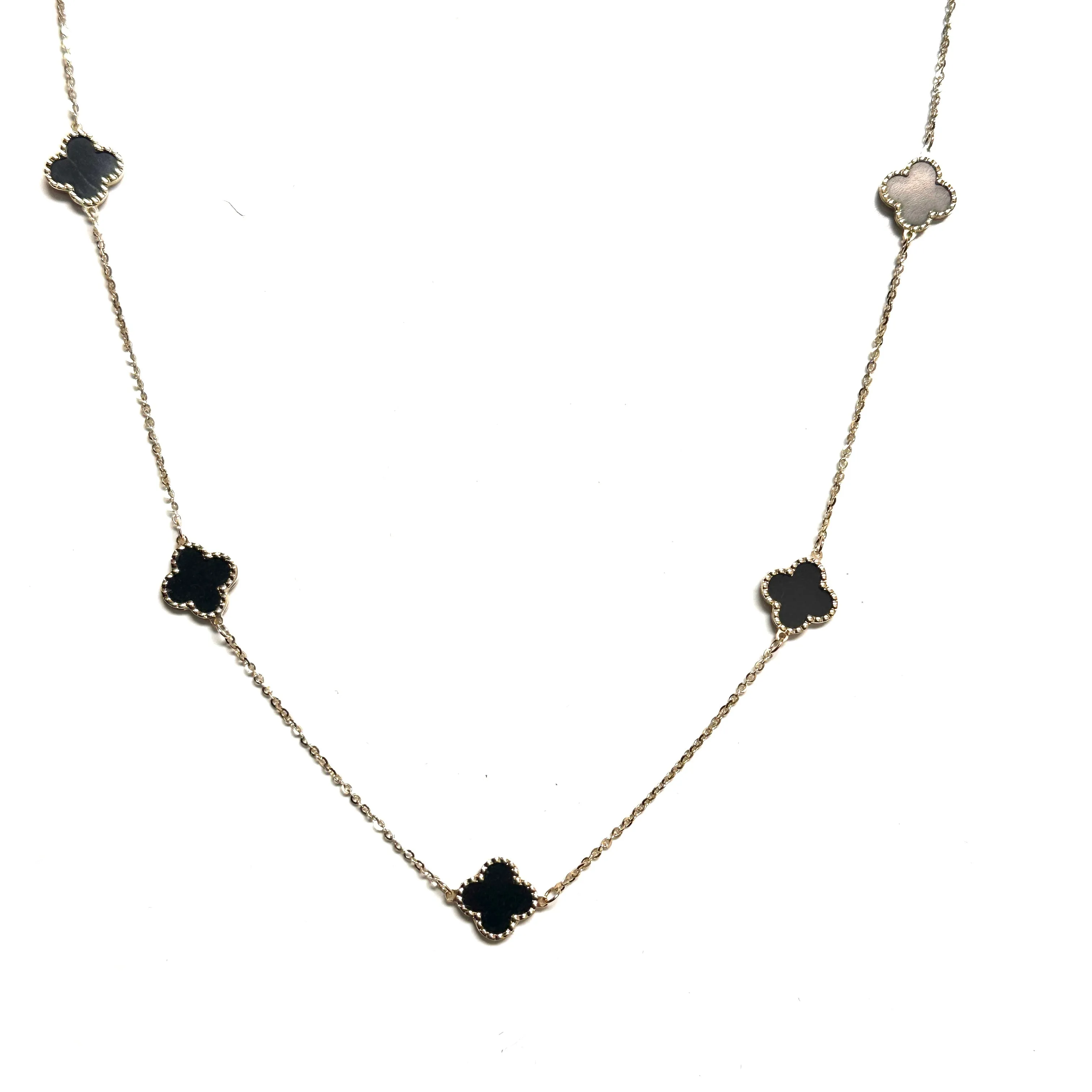 10K Yellow Gold (10mm) Designer Style Clover Beaded Edge Black Onyx Necklace