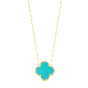 10K Yellow Gold (14mm) Designer Style Clover Turquoise Beaded Edge Necklace