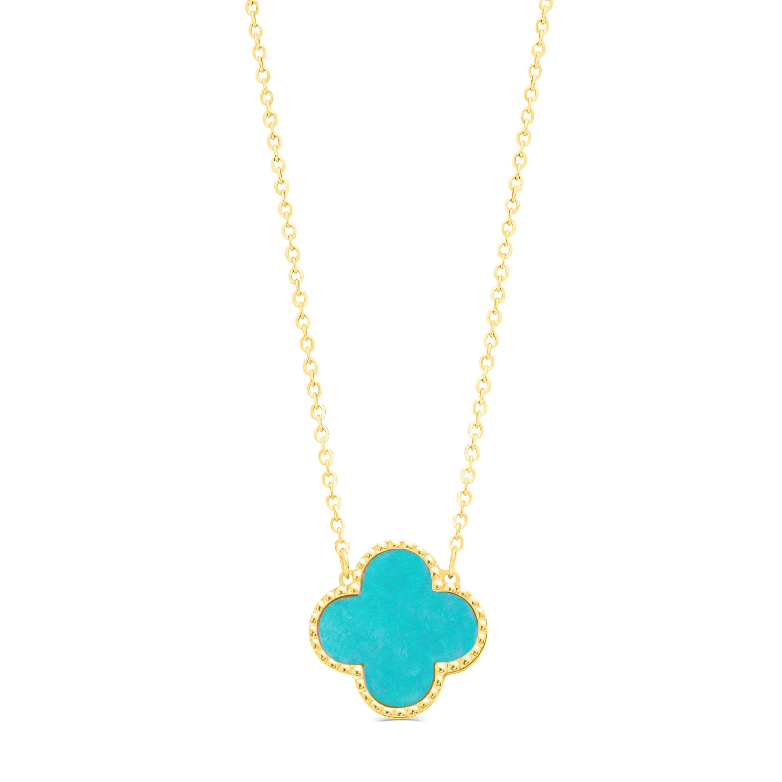 10K Yellow Gold (14mm) Designer Style Clover Turquoise Beaded Edge Necklace
