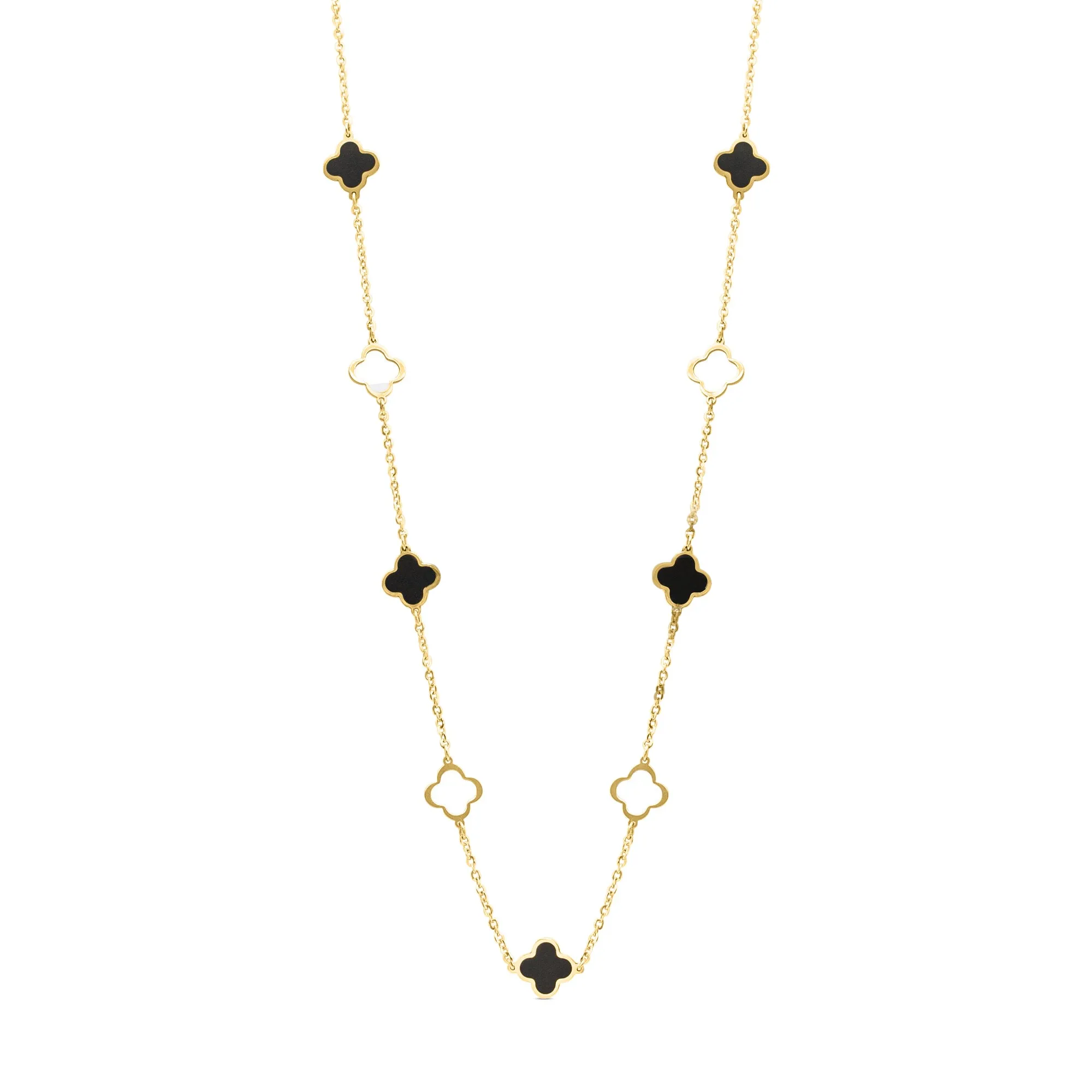 10K Yellow Gold (7mm) Designer Clover Style Black Onyx Necklace