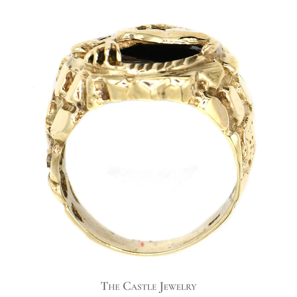 10k Yellow Gold Deer Ring with Black Onyx Background and Nugget Designed Sides