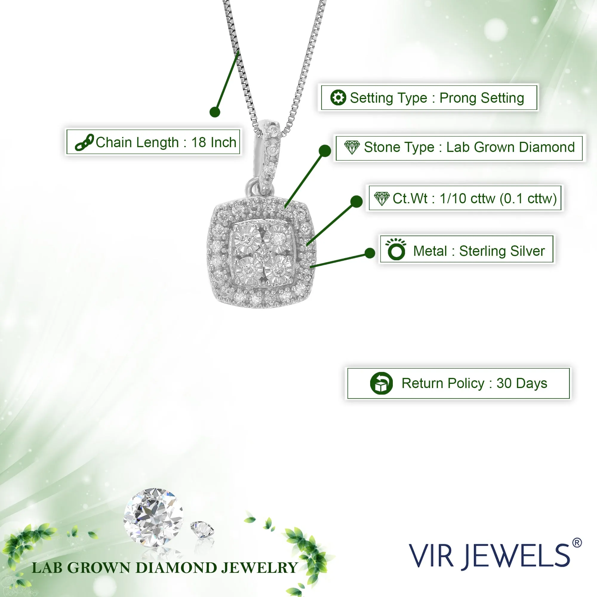 1/10 cttw Lab Grown Cushion Cluster Diamond Pendant in Silver