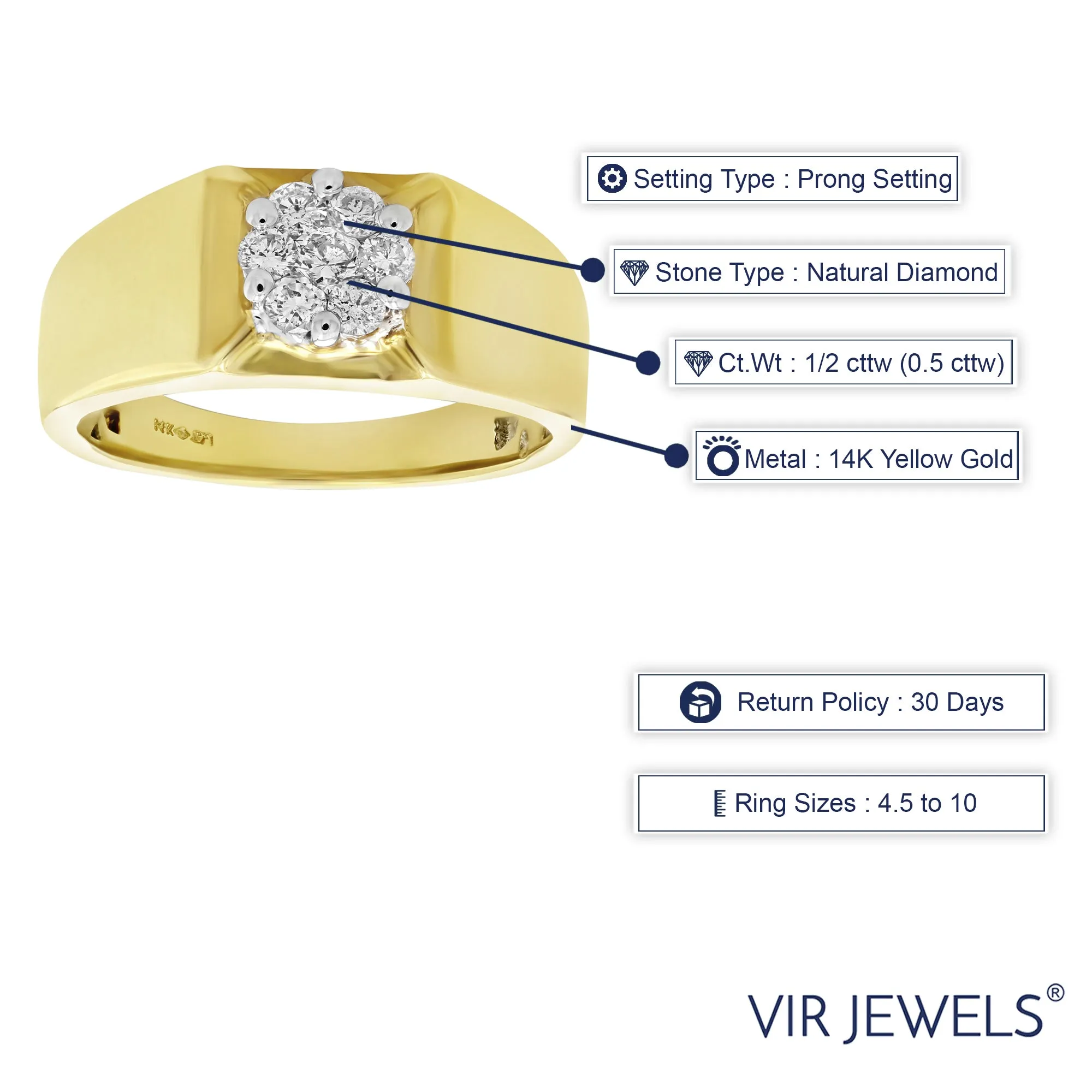 1/2 cttw Diamond Men's Solitaire Cluster Ring in 14K Yellow Gold