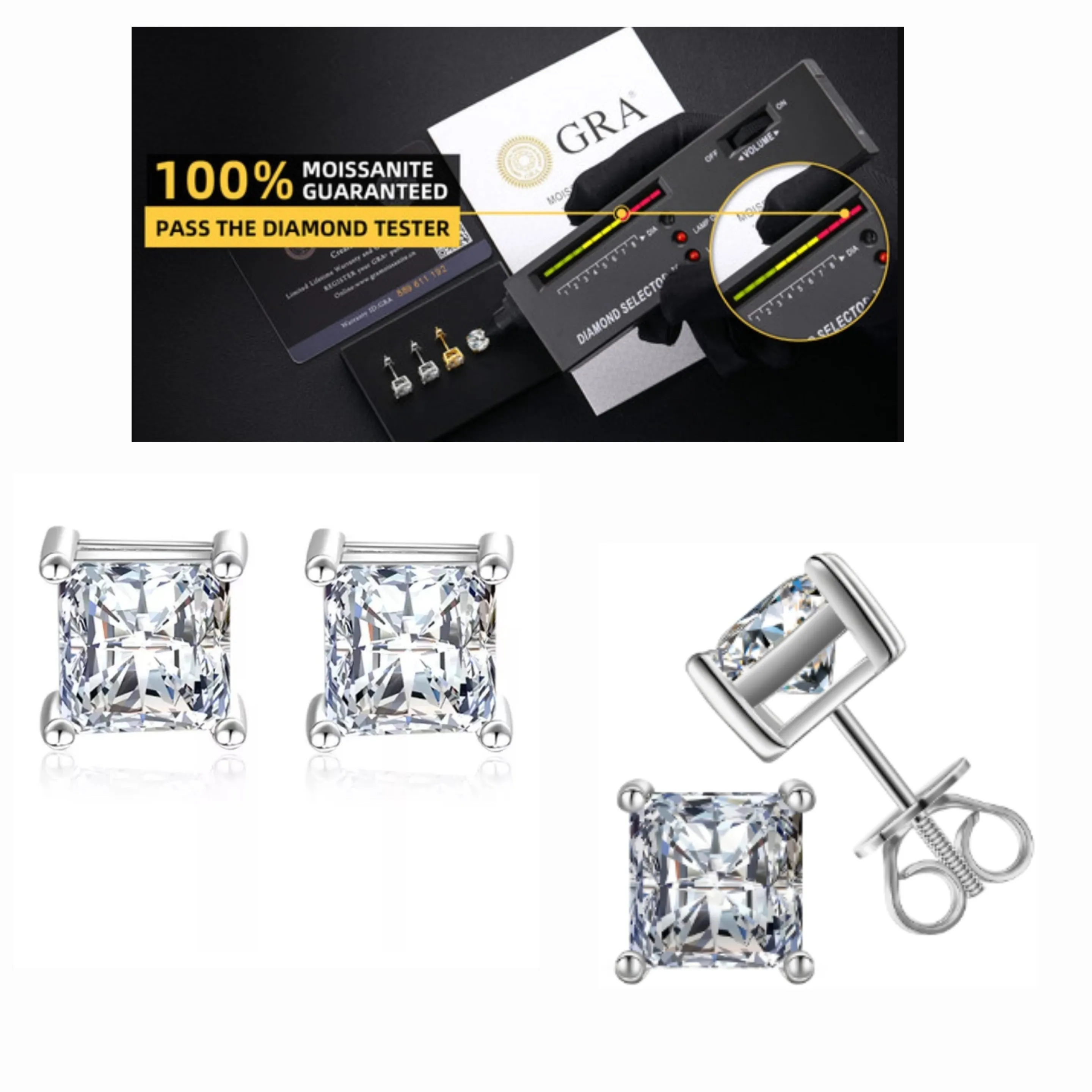 1/2/3CT Lab-Created Moissanite Sterling Silver Square Crystal Earrings 4 Prongs Stud Earrings - M200059