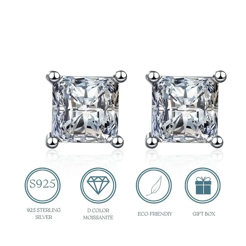 1/2/3CT Lab-Created Moissanite Sterling Silver Square Crystal Earrings 4 Prongs Stud Earrings - M200059