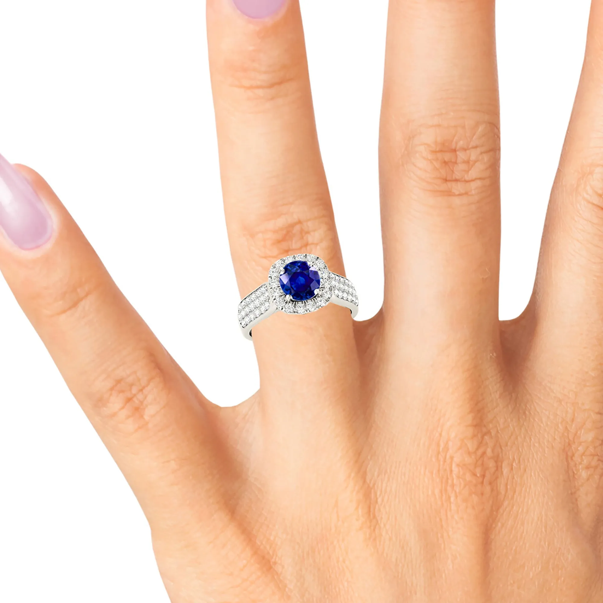 1.35 ct. Genuine Blue Round Sapphire Ring Cushion Halo Style