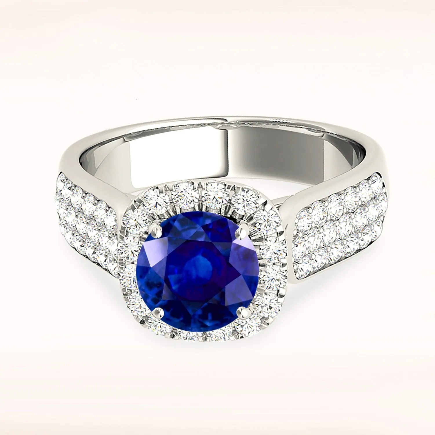 1.35 ct. Genuine Blue Round Sapphire Ring Cushion Halo Style