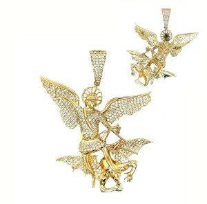 14K Gold Cubic ZIrconia Archangel Saint Michael 2.5" Solid Pendant Charm