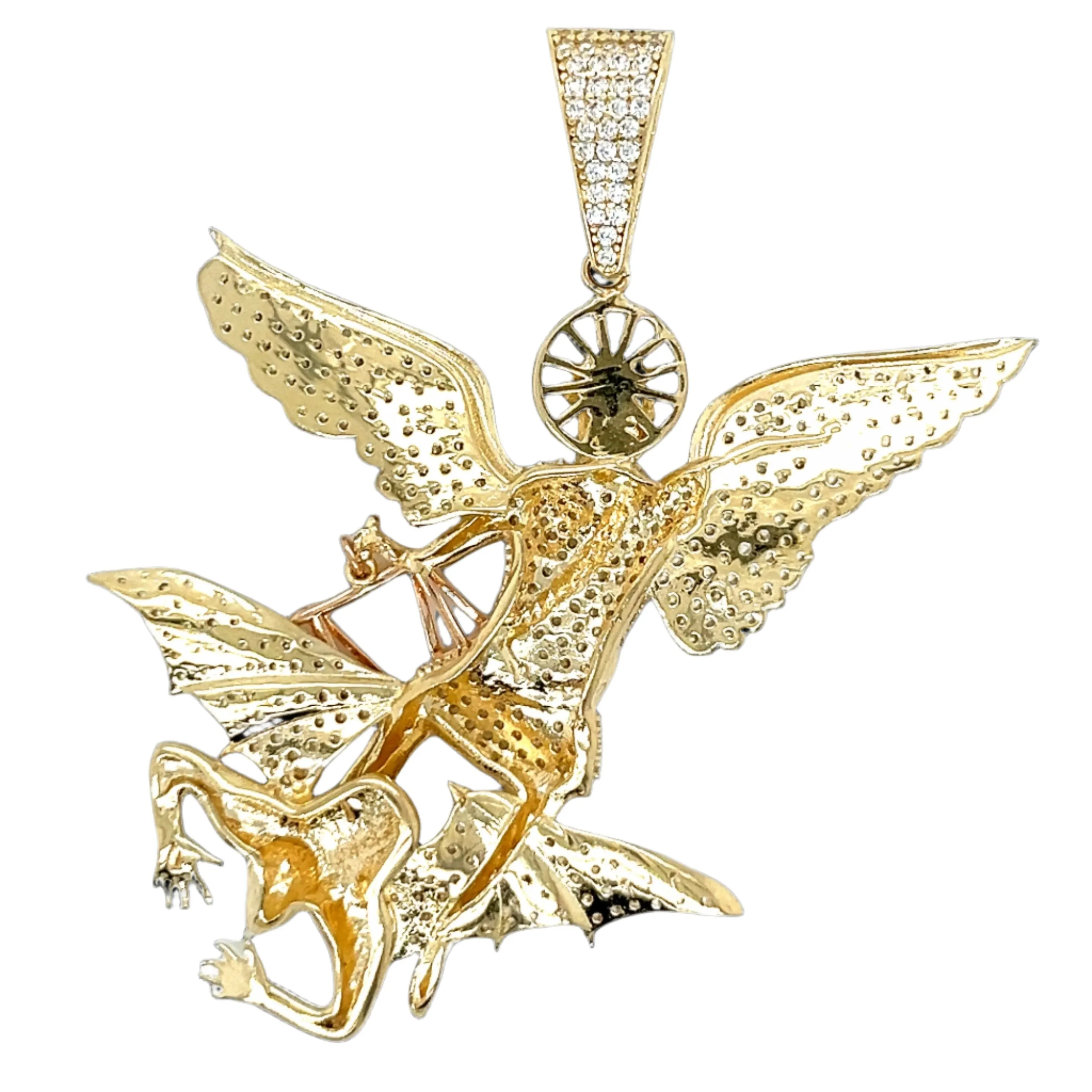 14K Gold Cubic ZIrconia Archangel Saint Michael 2.5" Solid Pendant Charm