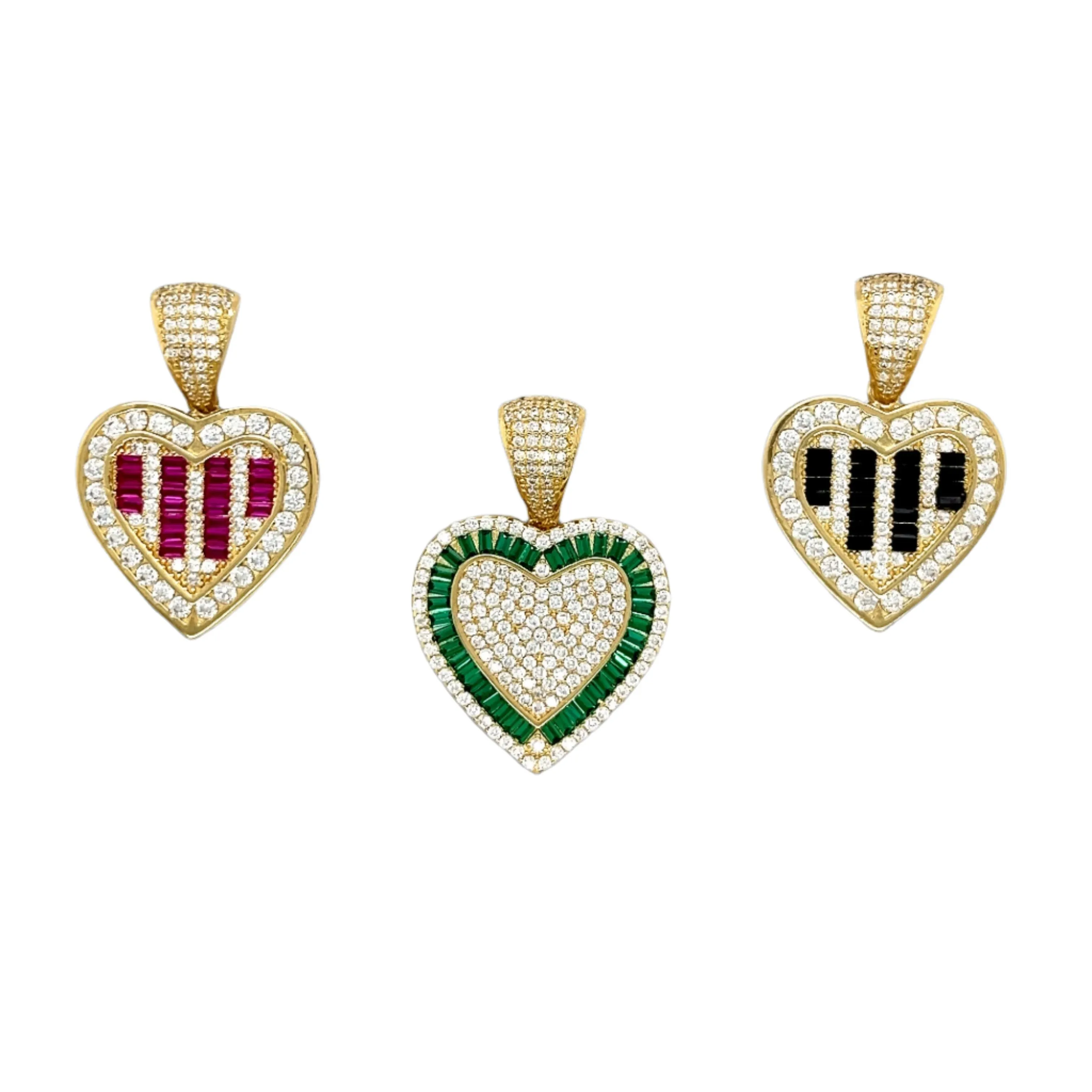 14K Gold Heart Pendants Pink Green Black Colored Cubic Zirconia Charms