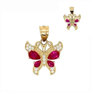 14K Gold Pink Fucsia Pave Cubic Zirconia Butterfly Charm 1" Pendant