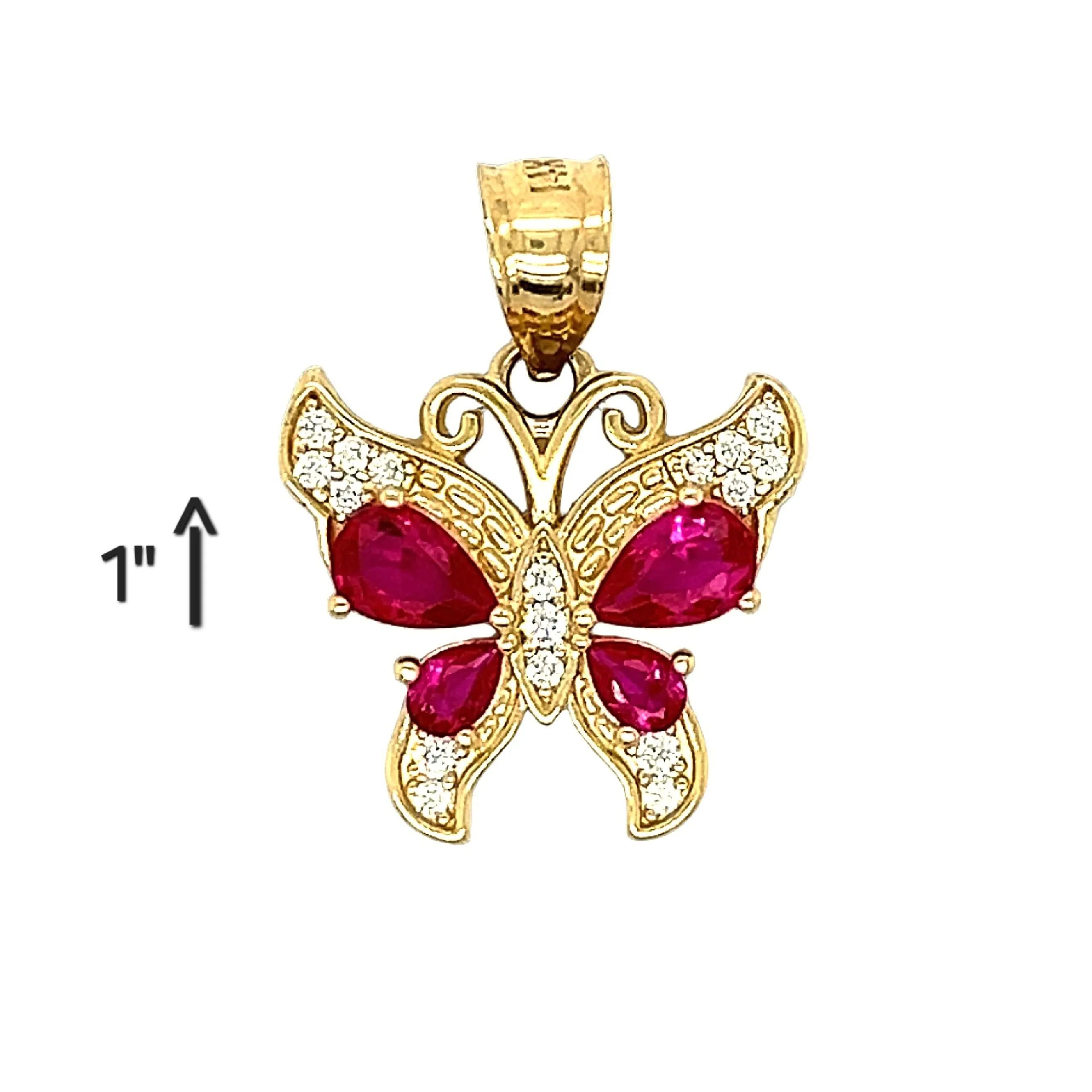 14K Gold Pink Fucsia Pave Cubic Zirconia Butterfly Charm 1" Pendant