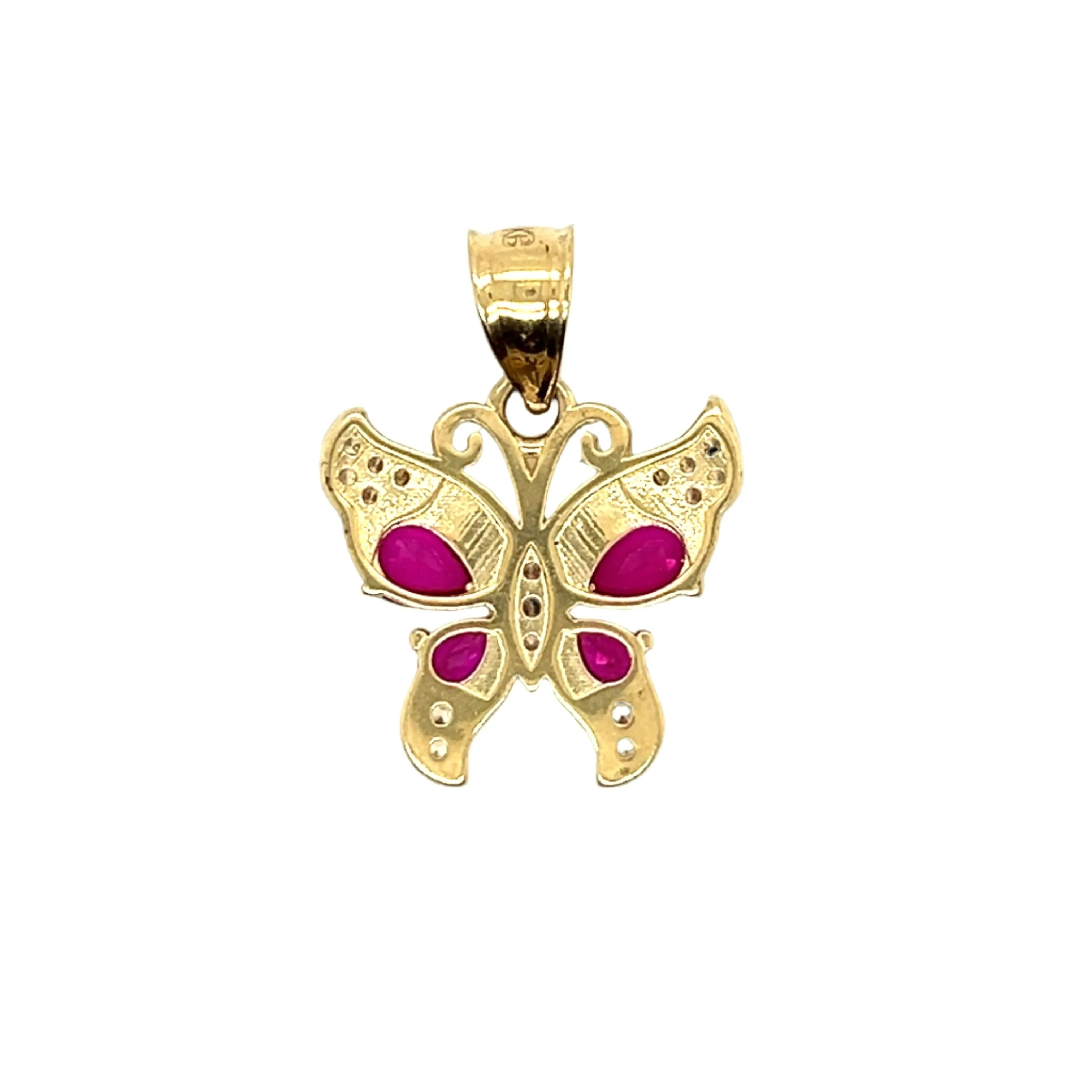 14K Gold Pink Fucsia Pave Cubic Zirconia Butterfly Charm 1" Pendant