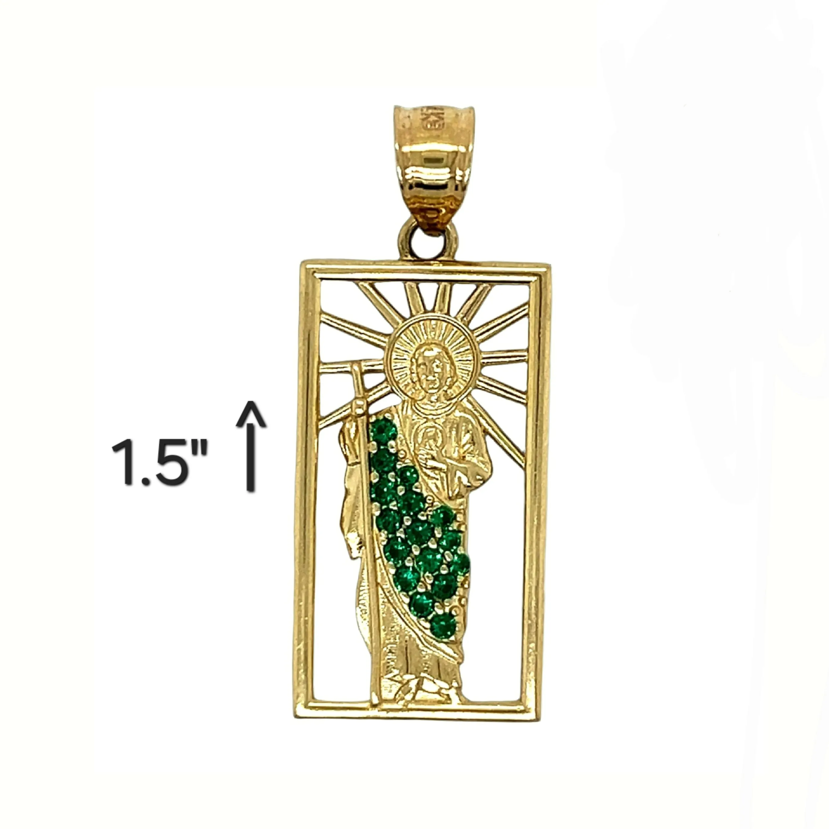 14K Gold San Judas Saint Jude Dije En Oro Pendant Green CZ Framed 1.5" Charm