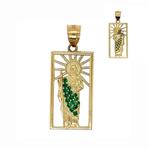 14K Gold San Judas Saint Jude Dije En Oro Pendant Green CZ Framed 1.5" Charm