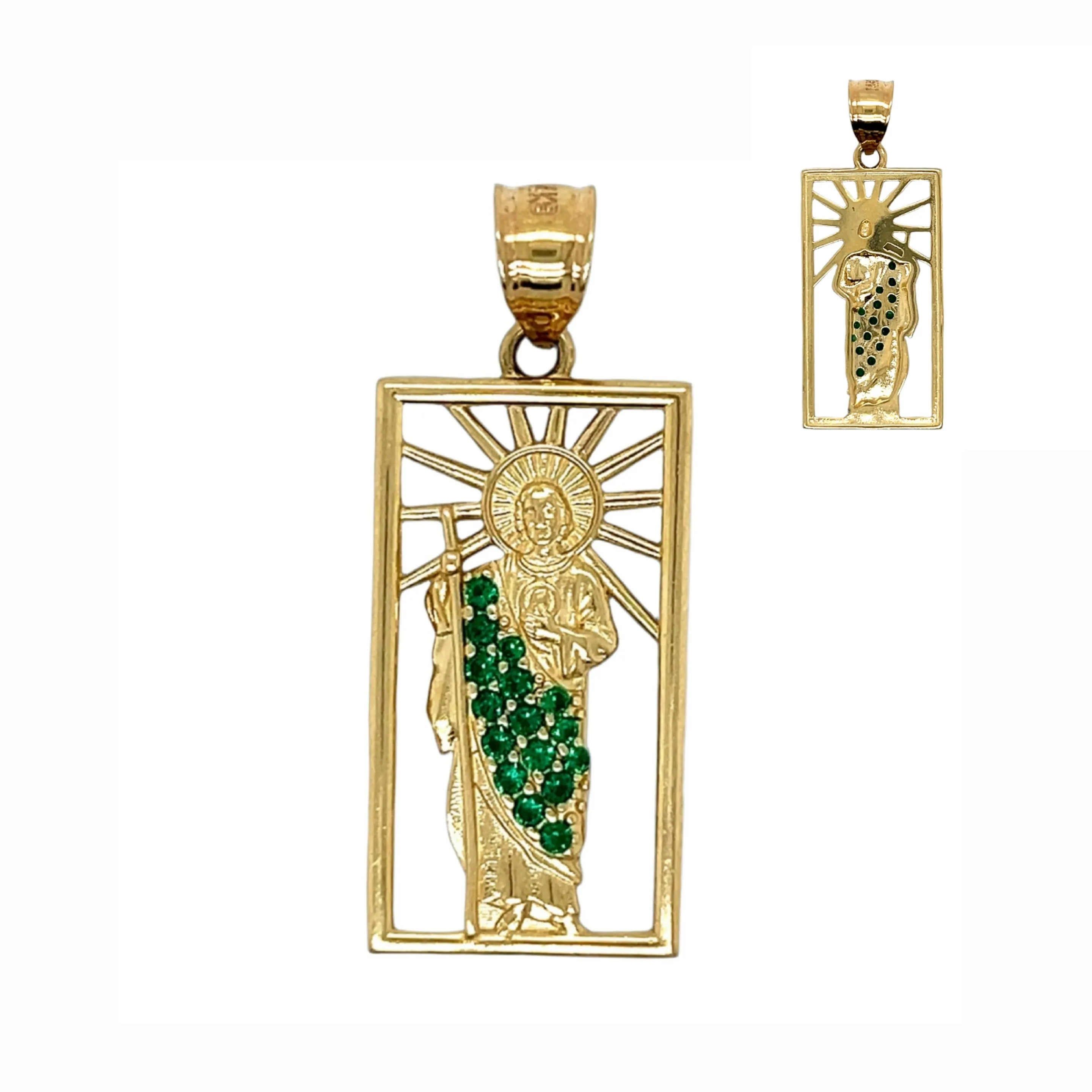 14K Gold San Judas Saint Jude Dije En Oro Pendant Green CZ Framed 1.5" Charm