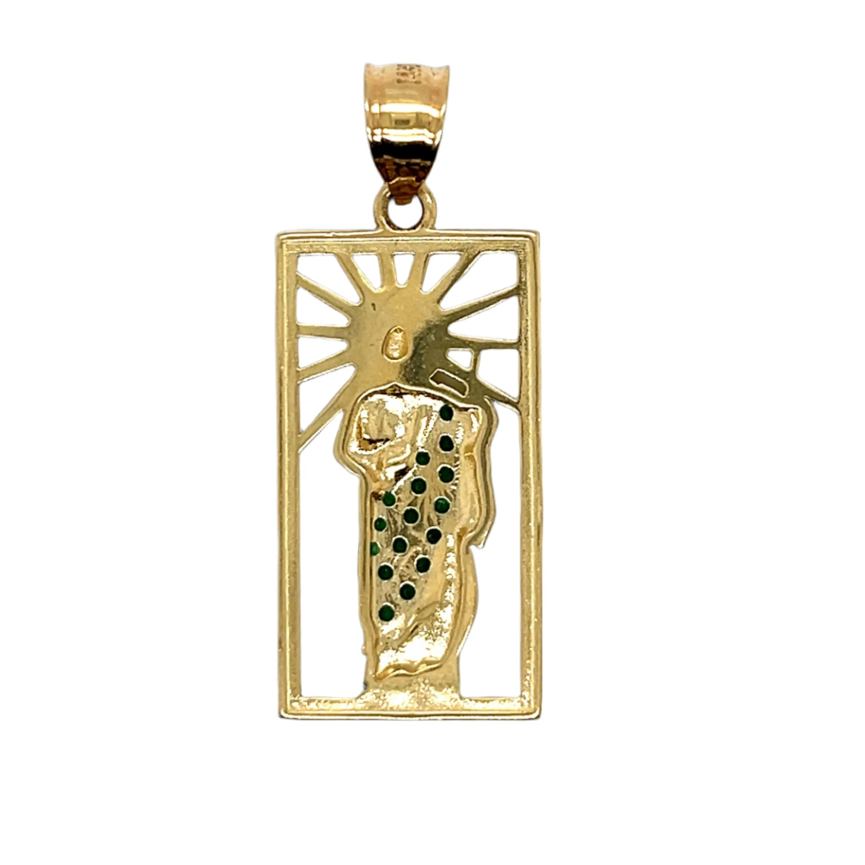14K Gold San Judas Saint Jude Dije En Oro Pendant Green CZ Framed 1.5" Charm