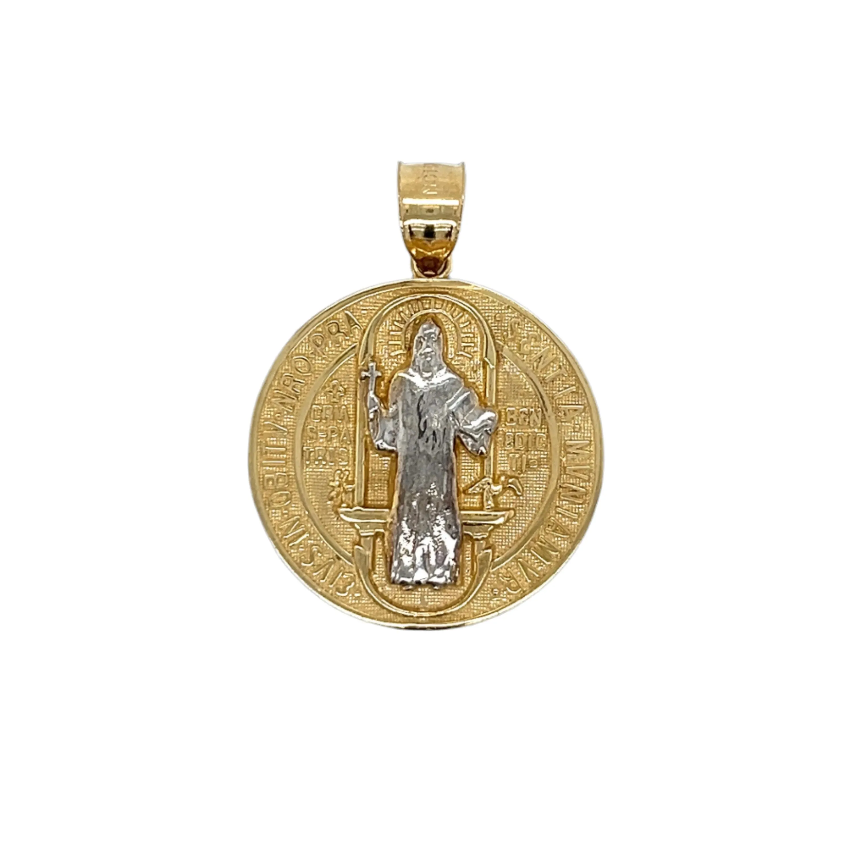 14K Gold Two Tone White Gold San Benito Benedict Round Medallion Pendant Charm