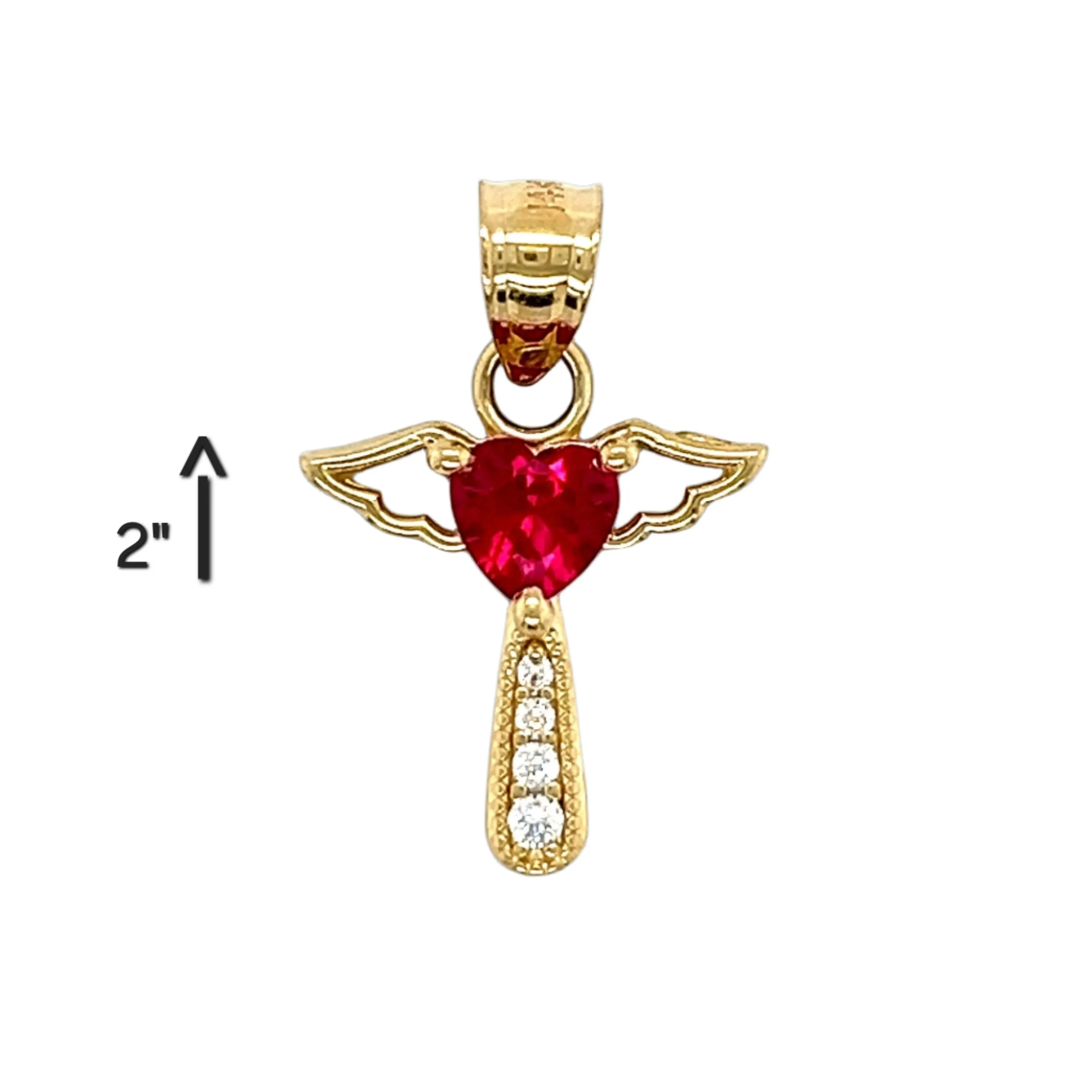 14K Gold Wings Angel Cross Red Pink Rubi Heart Zirconia Pendant Charm