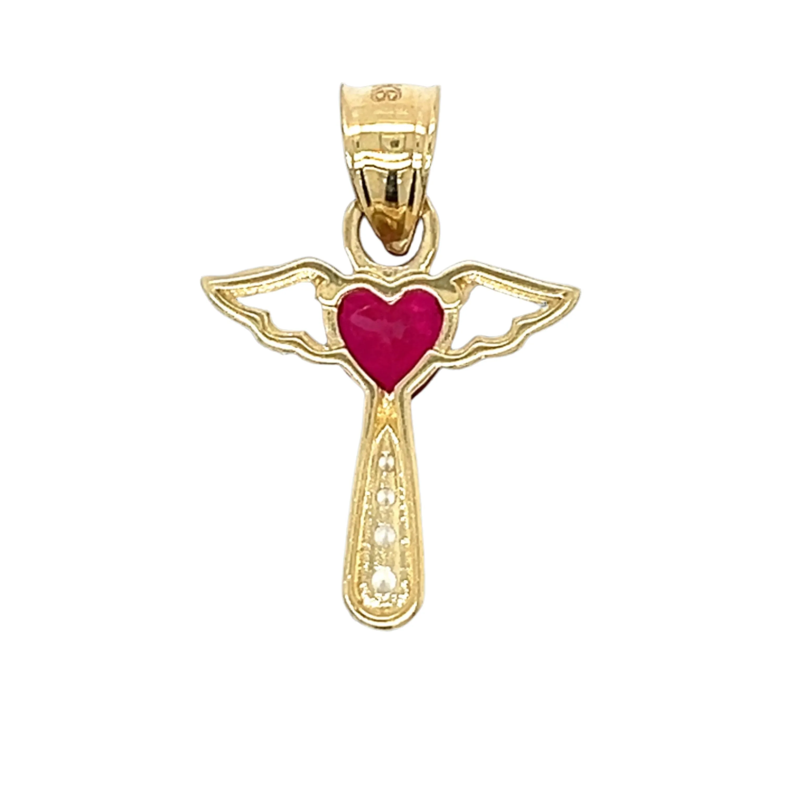 14K Gold Wings Angel Cross Red Pink Rubi Heart Zirconia Pendant Charm