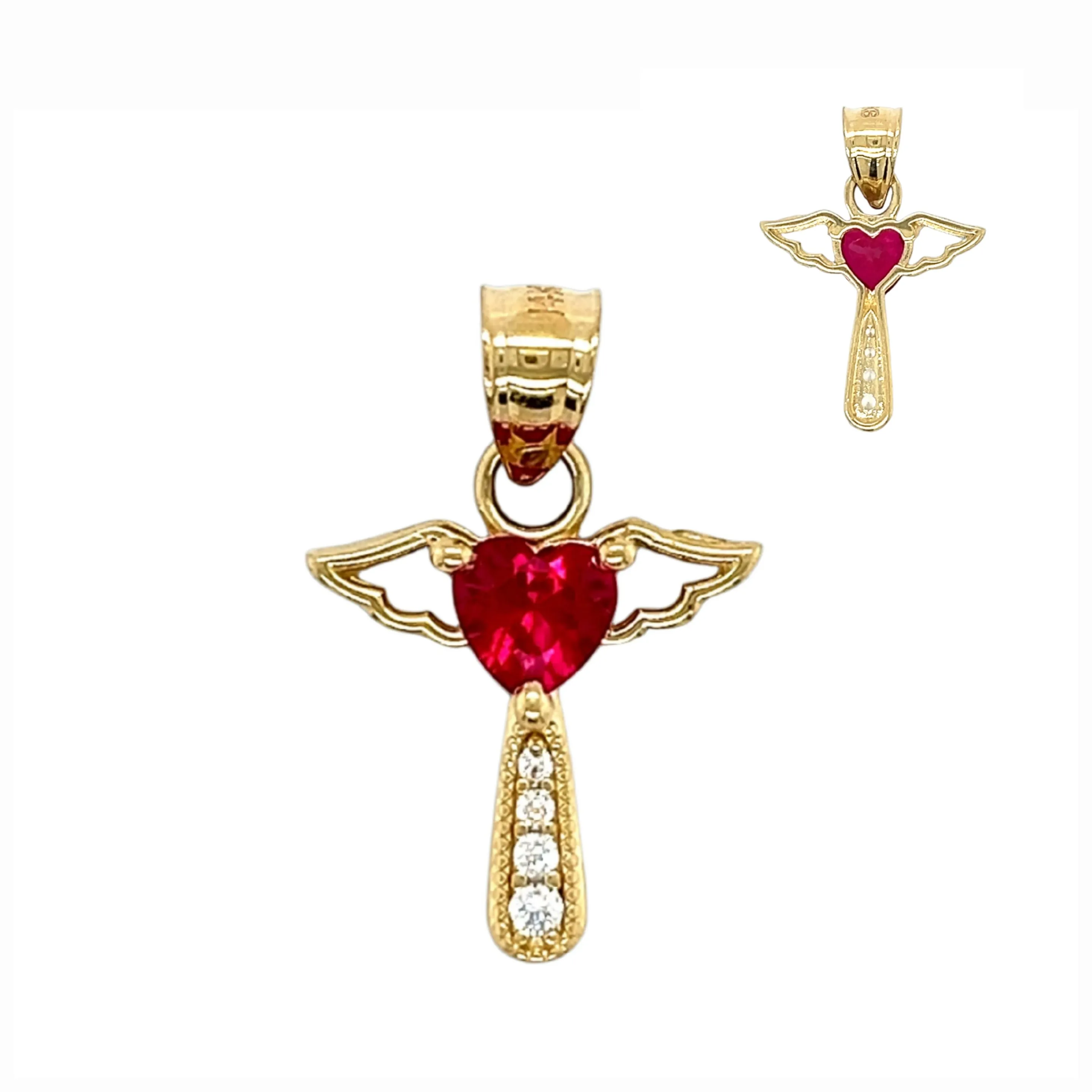 14K Gold Wings Angel Cross Red Pink Rubi Heart Zirconia Pendant Charm