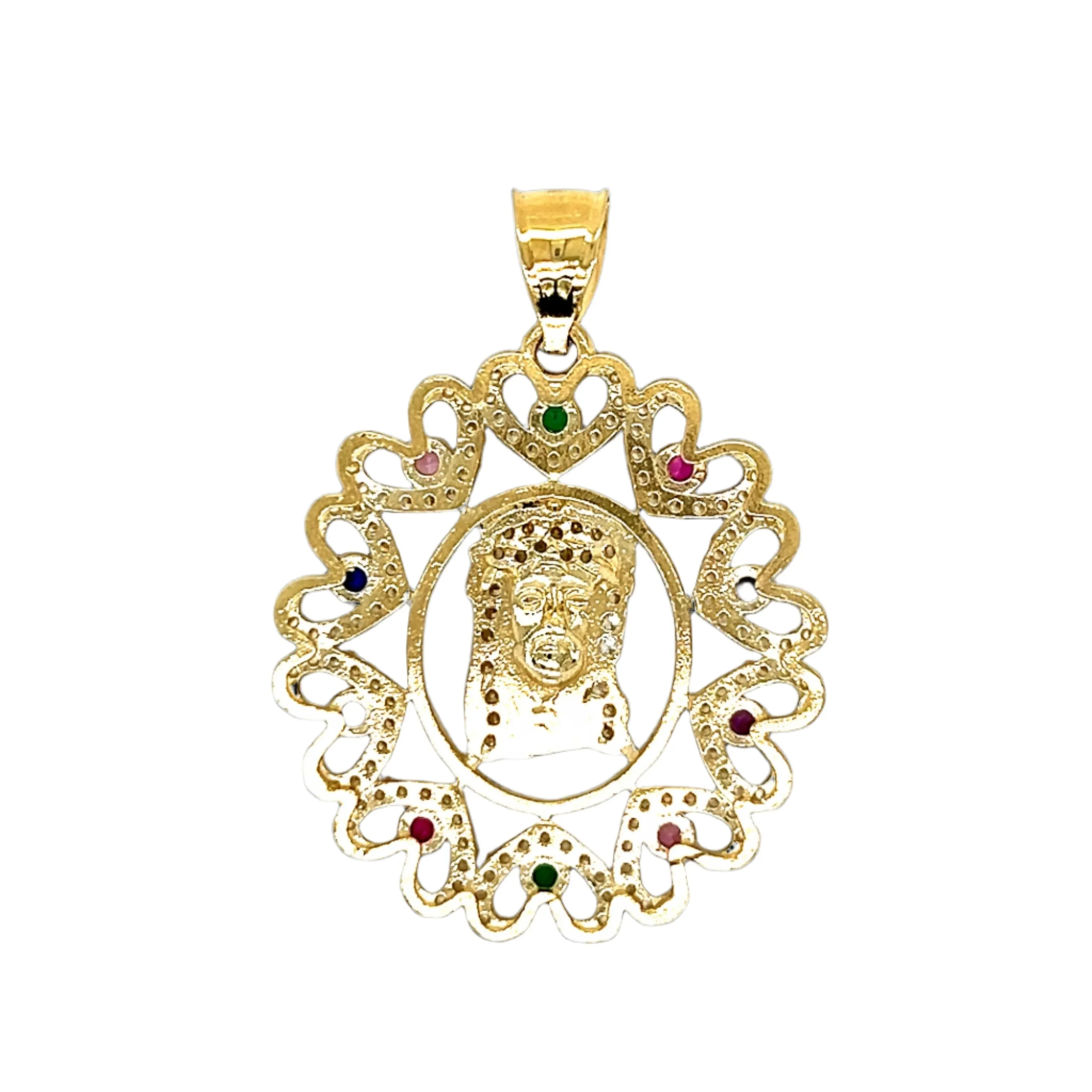14K Gold Jesus Face Hearts Frame Colored Cubic Zirconia Pendant 1.5" Charm