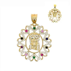 14K Gold Jesus Face Hearts Frame Colored Cubic Zirconia Pendant 1.5" Charm