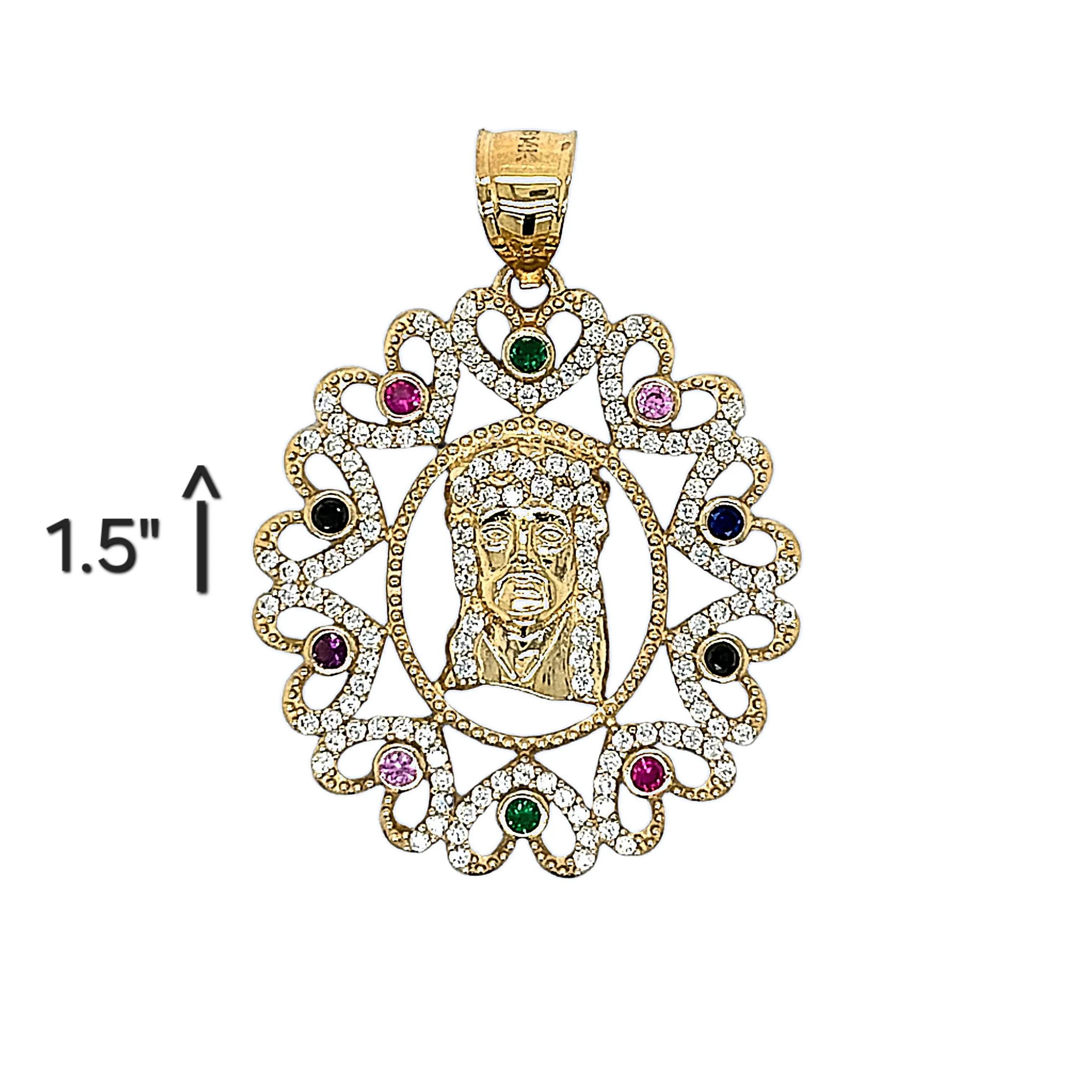 14K Gold Jesus Face Hearts Frame Colored Cubic Zirconia Pendant 1.5" Charm