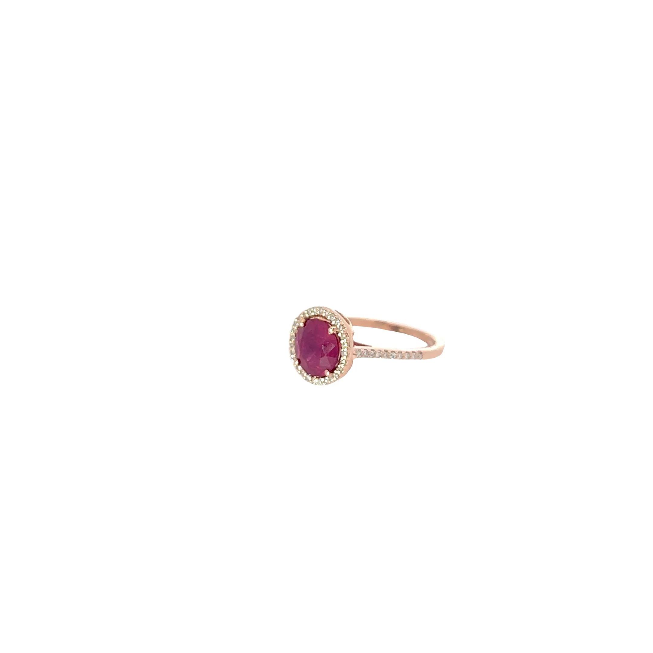 14K ROSE GOLD 1.50CT TREATED ROUND RUBY AND .25CT G SI1 ROUND RING