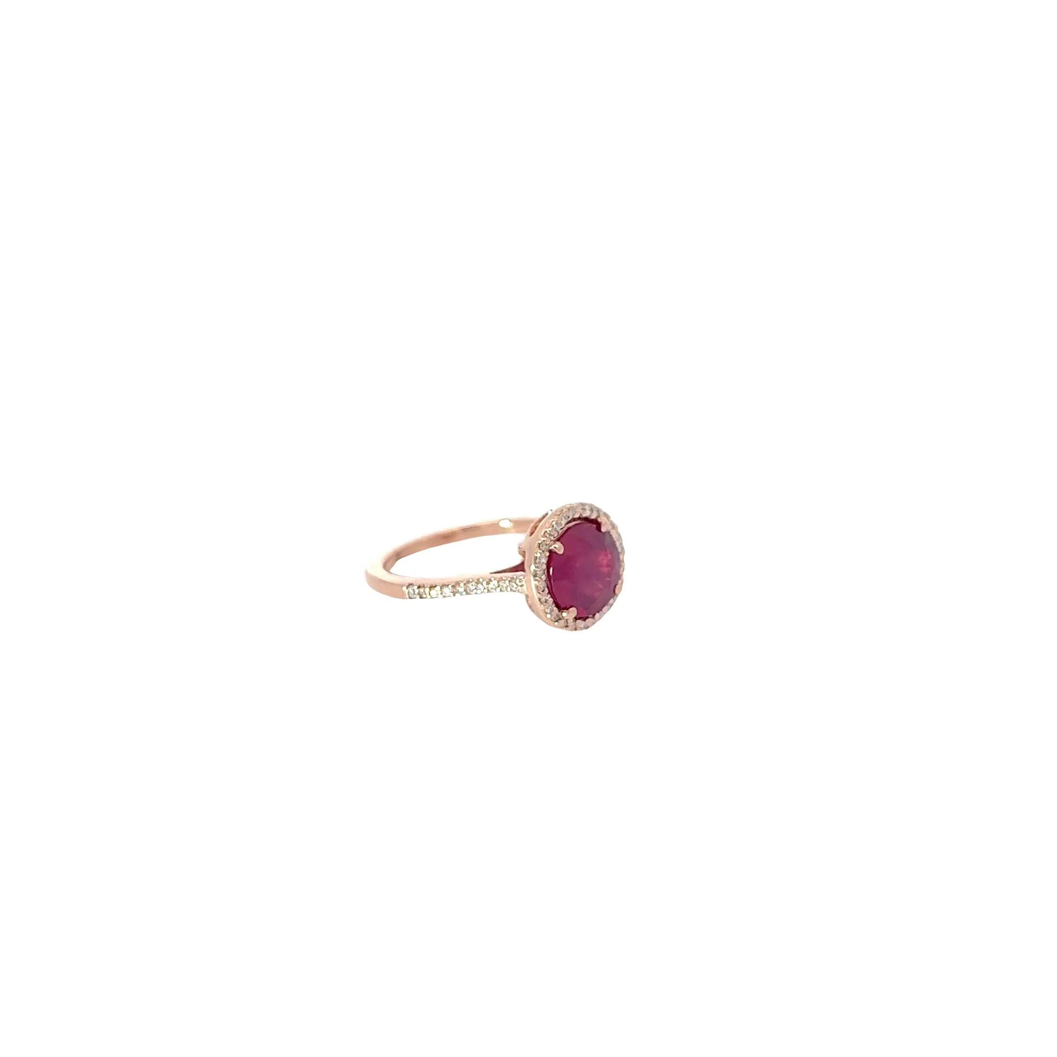 14K ROSE GOLD 1.50CT TREATED ROUND RUBY AND .25CT G SI1 ROUND RING