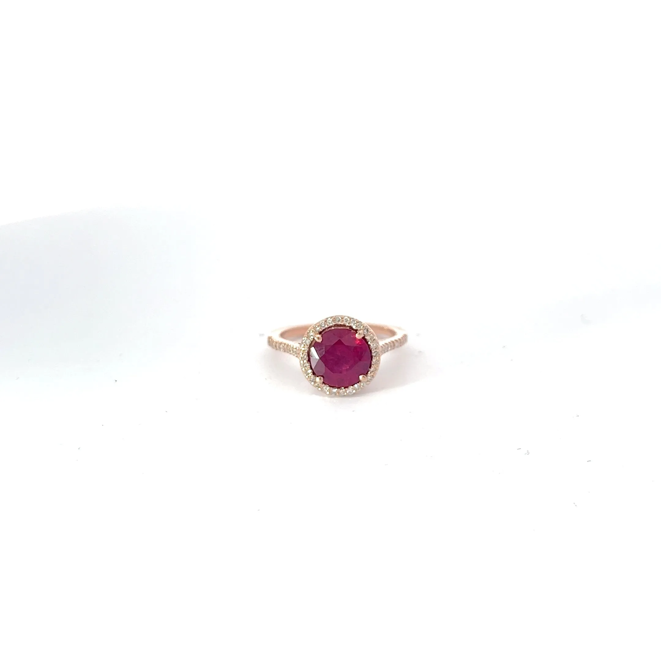 14K ROSE GOLD 1.50CT TREATED ROUND RUBY AND .25CT G SI1 ROUND RING