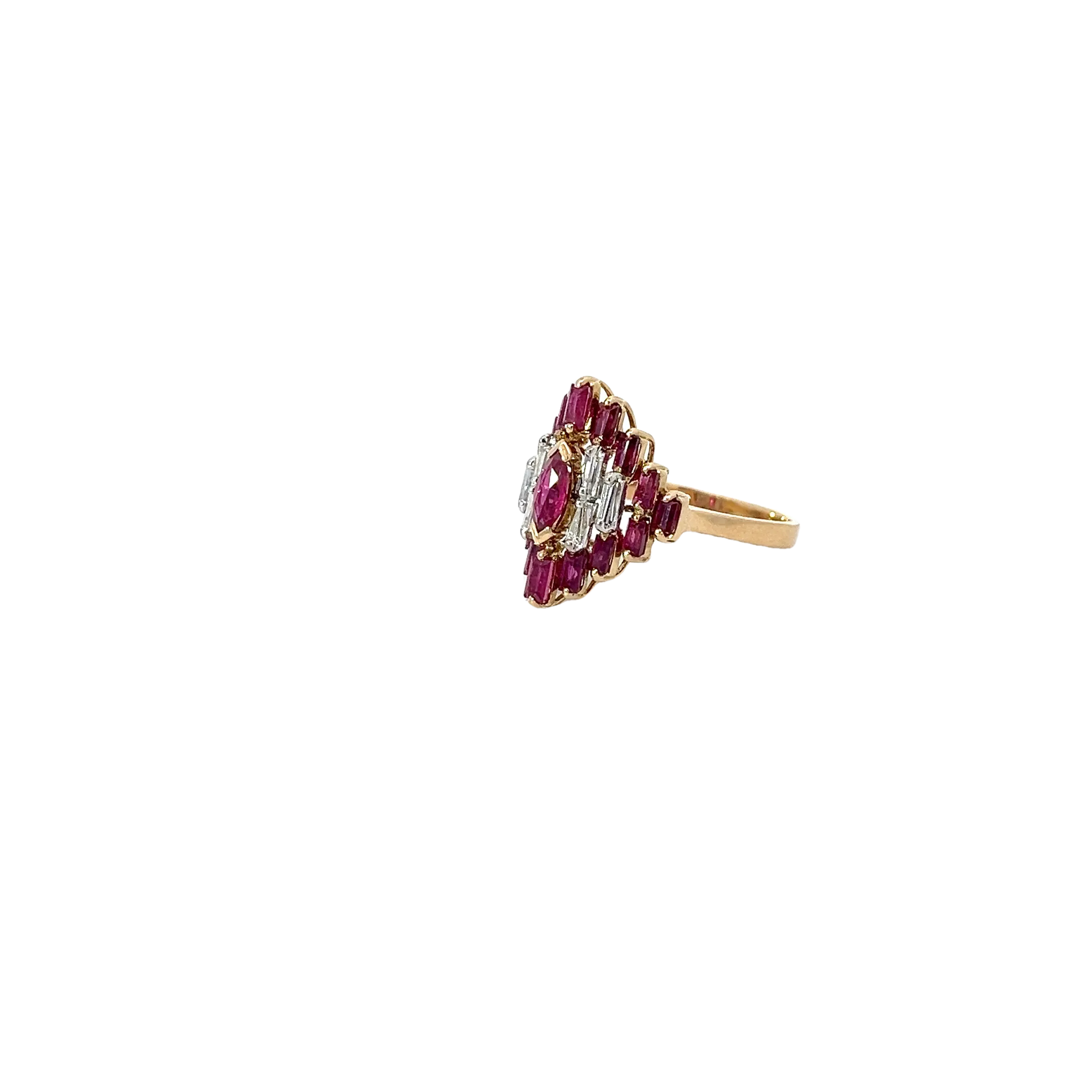 14k Rose Gold .25ct F VS2 Baguette Diamond and  1.25ct  AAA Baguette Ruby & Marquise Ruby Ring
