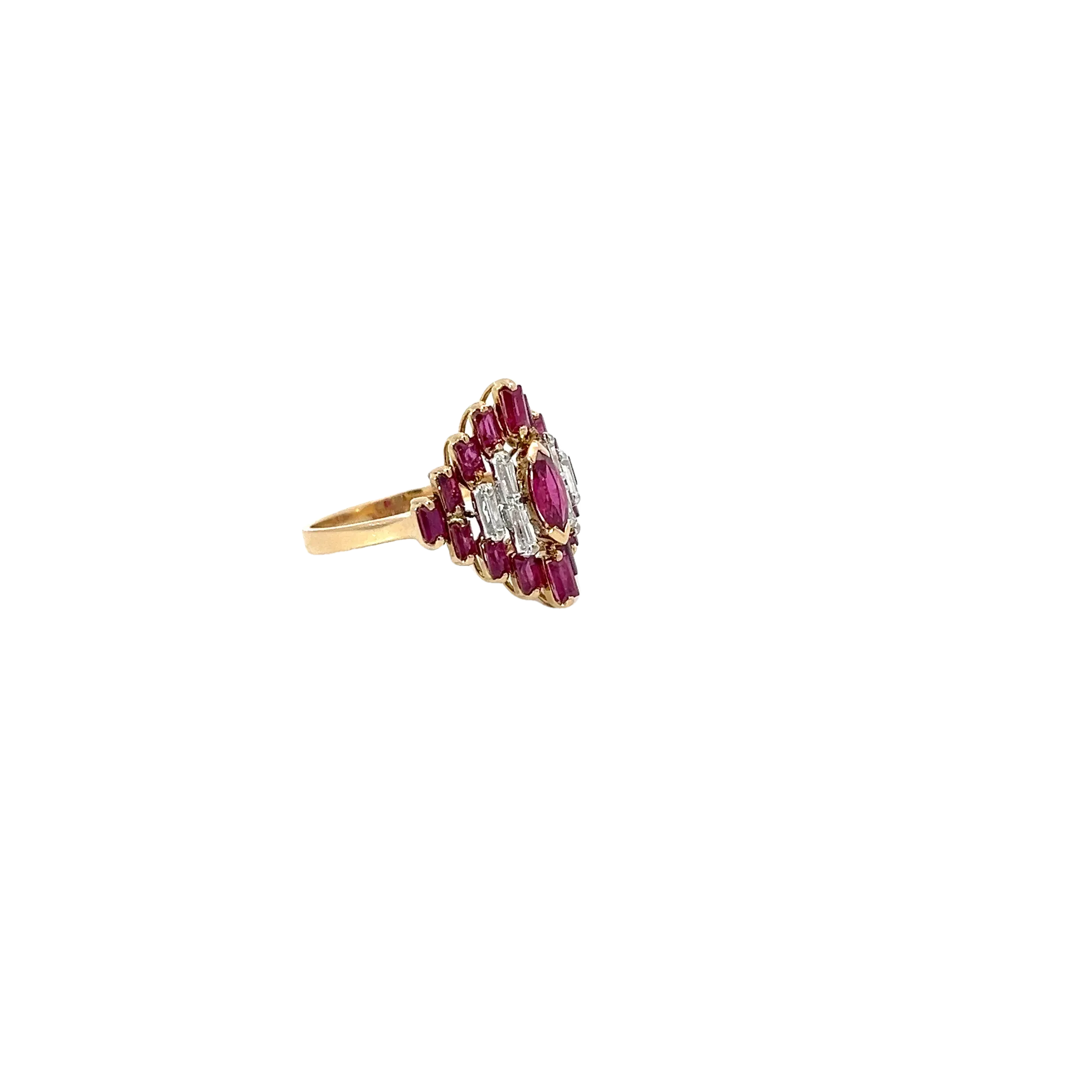 14k Rose Gold .25ct F VS2 Baguette Diamond and  1.25ct  AAA Baguette Ruby & Marquise Ruby Ring