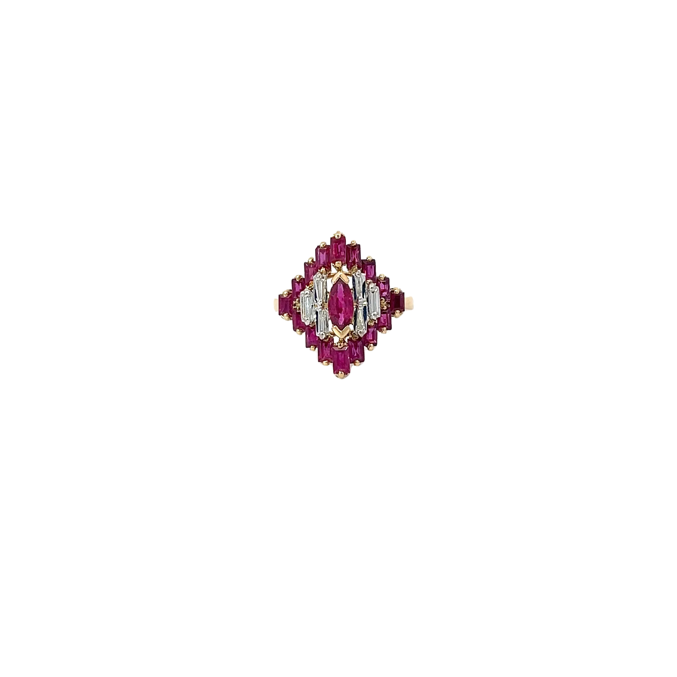 14k Rose Gold .25ct F VS2 Baguette Diamond and  1.25ct  AAA Baguette Ruby & Marquise Ruby Ring