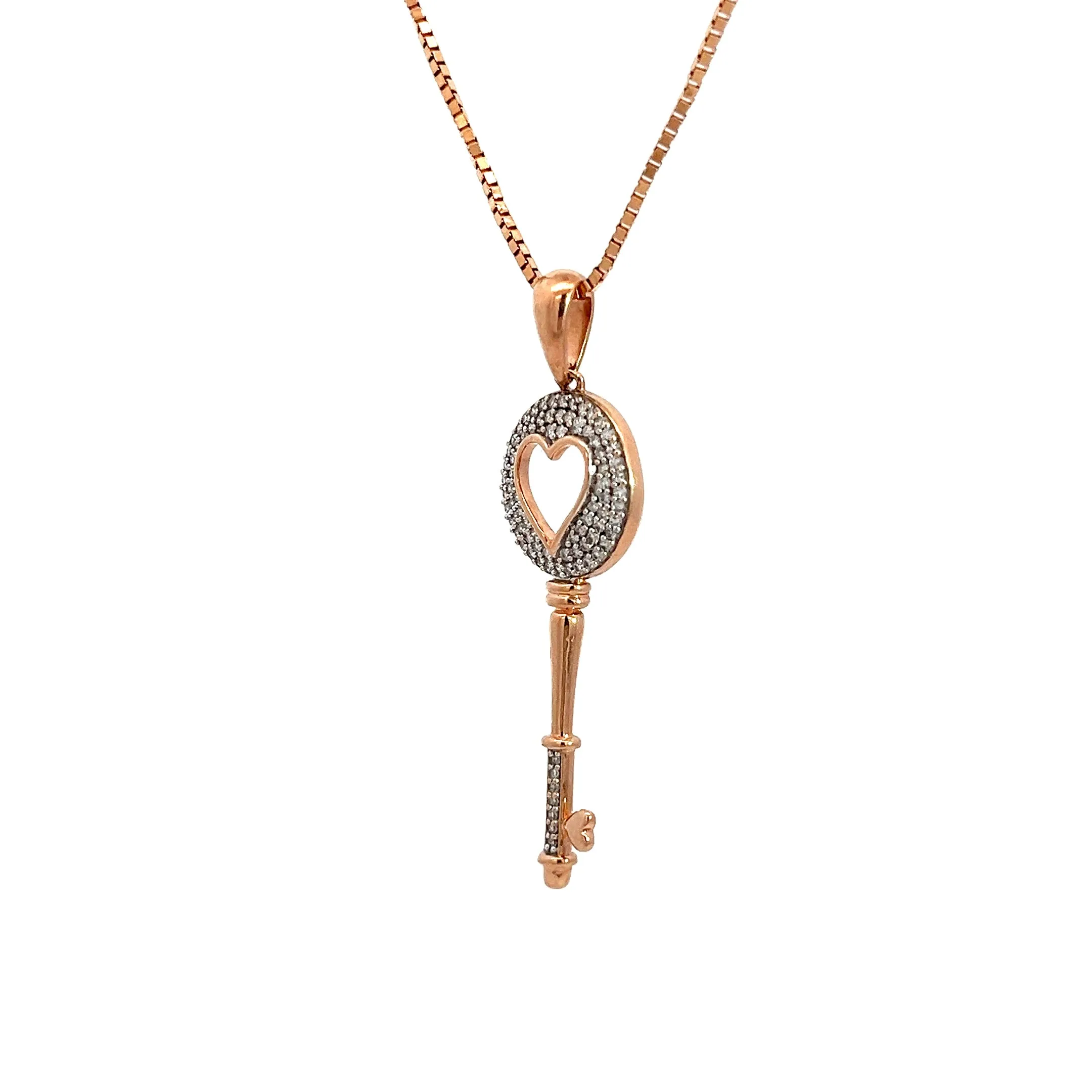 14k Rose Gold 6.2 Gram Adjustable Chain with 10k Rose Gold .35ct G SI1 Round Diamond Heart Key Pendant