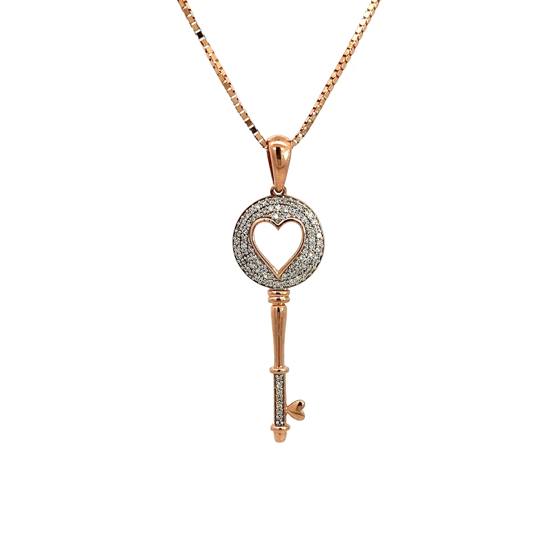 14k Rose Gold 6.2 Gram Adjustable Chain with 10k Rose Gold .35ct G SI1 Round Diamond Heart Key Pendant