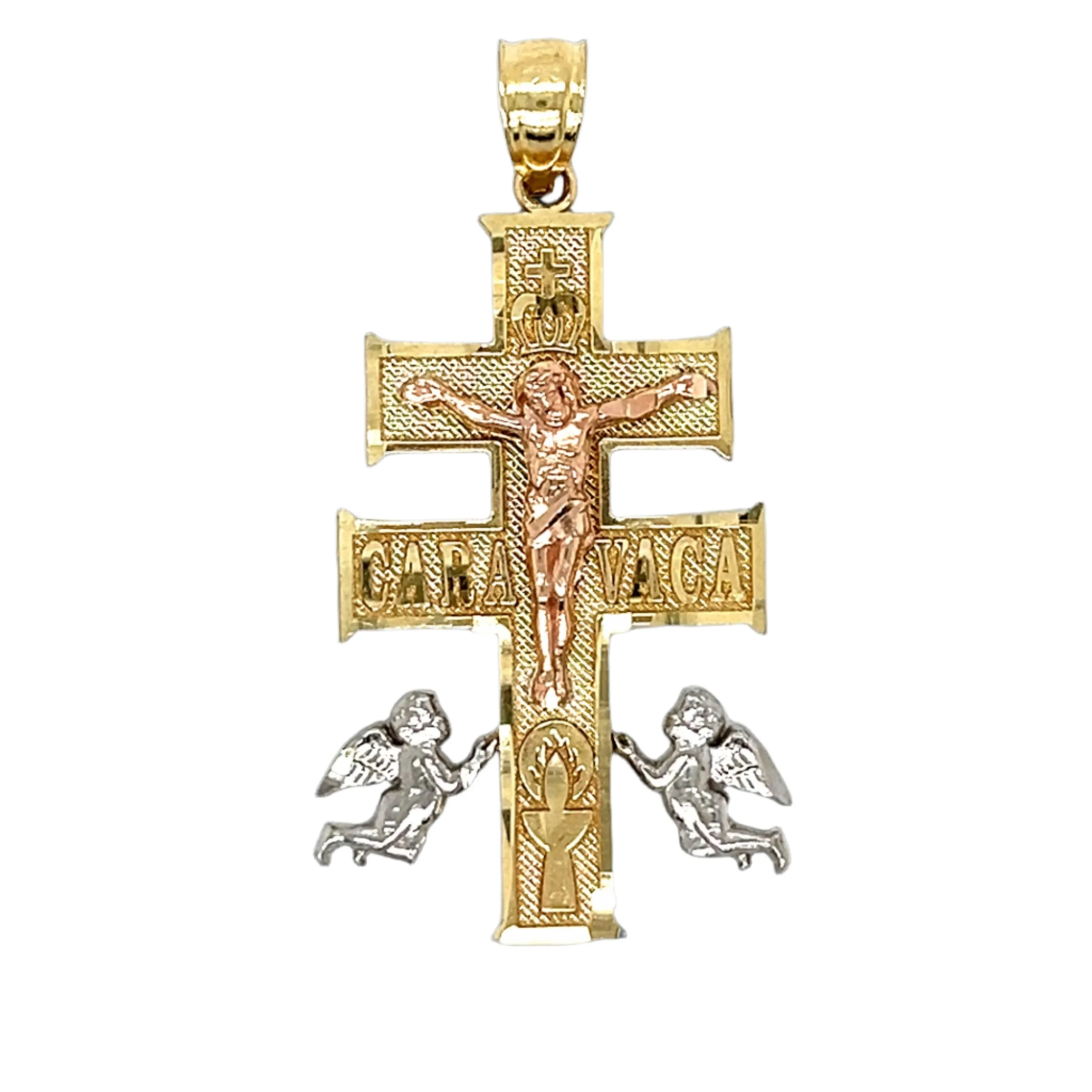 14K Solid Gold Tri Color Caravaca Crucifix Charm 1.5" Pendant