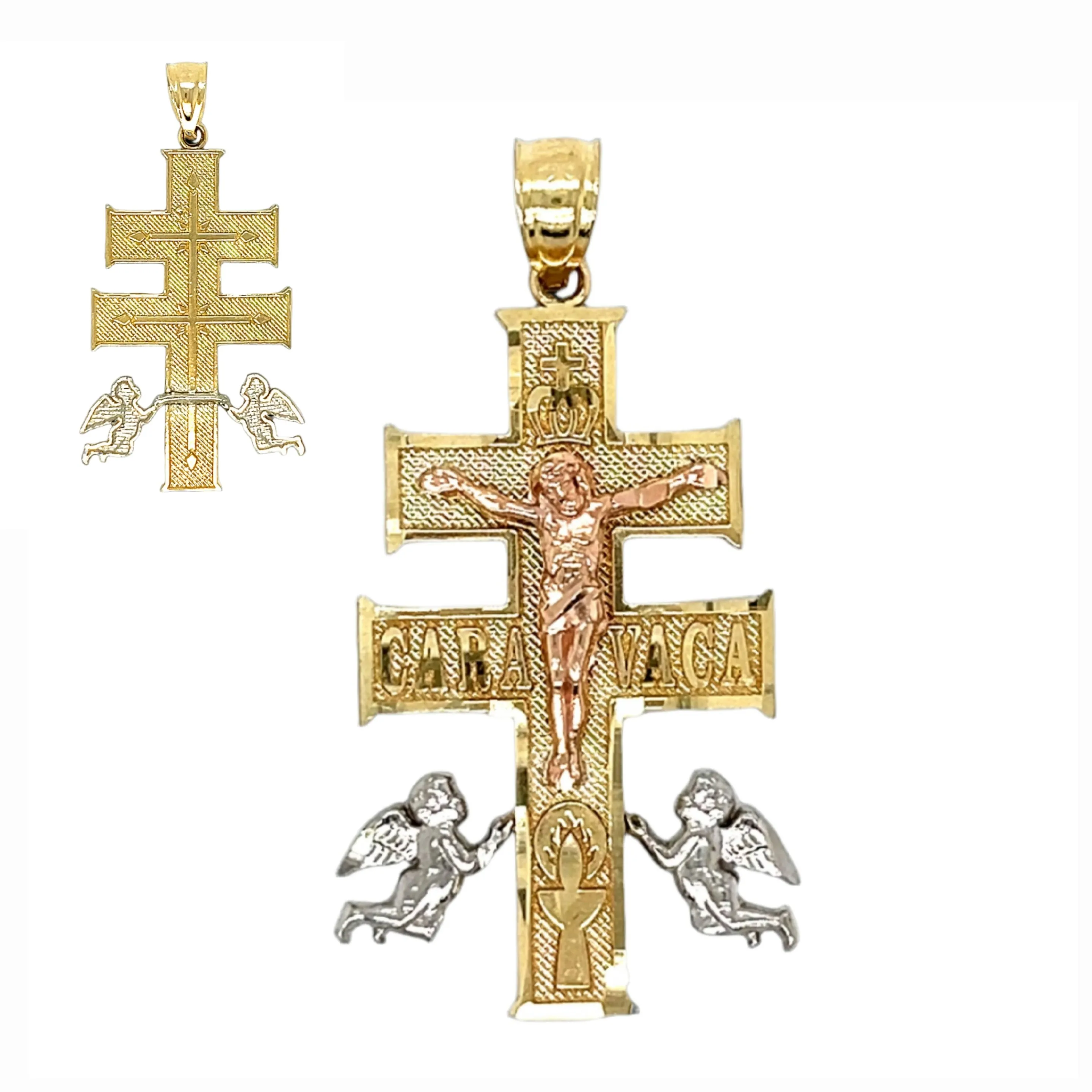 14K Solid Gold Tri Color Caravaca Crucifix Charm 1.5" Pendant