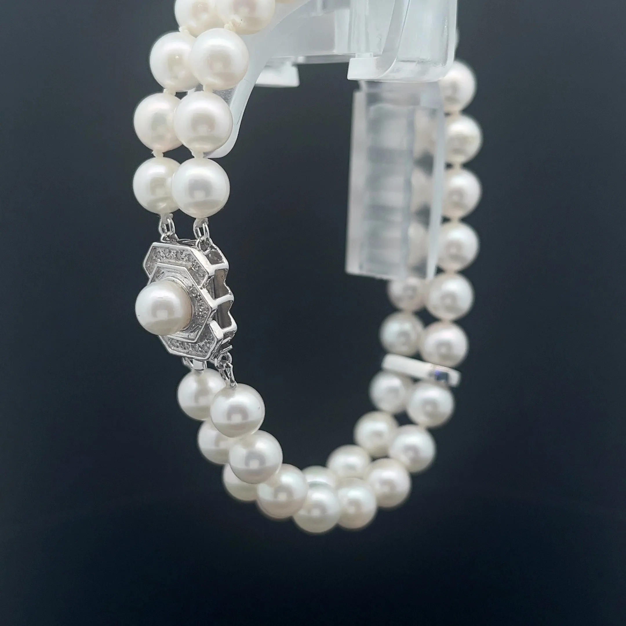 14k white gold double strand Fresh Water White Pearl 7mm and .25ct G SI1 Round Diamond bracelet
