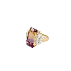 14K YELLOW GOLD 10CT AMERTRINE AND .20CT G SI1 ROUND DIAMOND BICOLOR VINTAGE RING 20X10