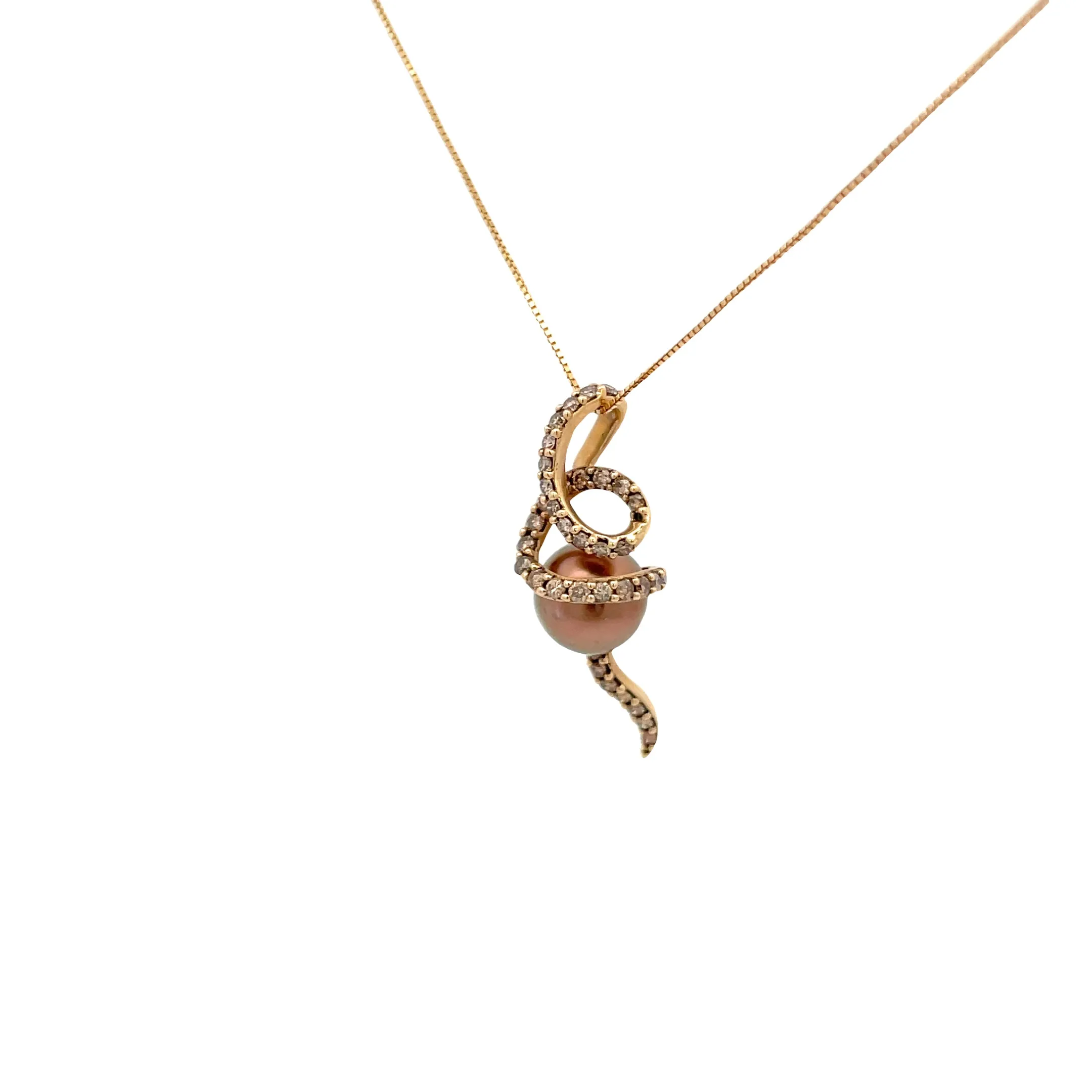 14k Yellow Gold .20ct Round Chocolate Diamond and South Sea Golden 10mm Pearl Levitan Necklace