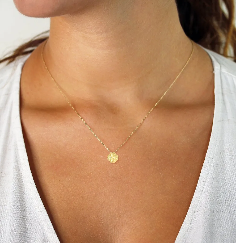14K Yellow Gold Diamond Accent Lucky Four Leaf Clover Pendant Necklace