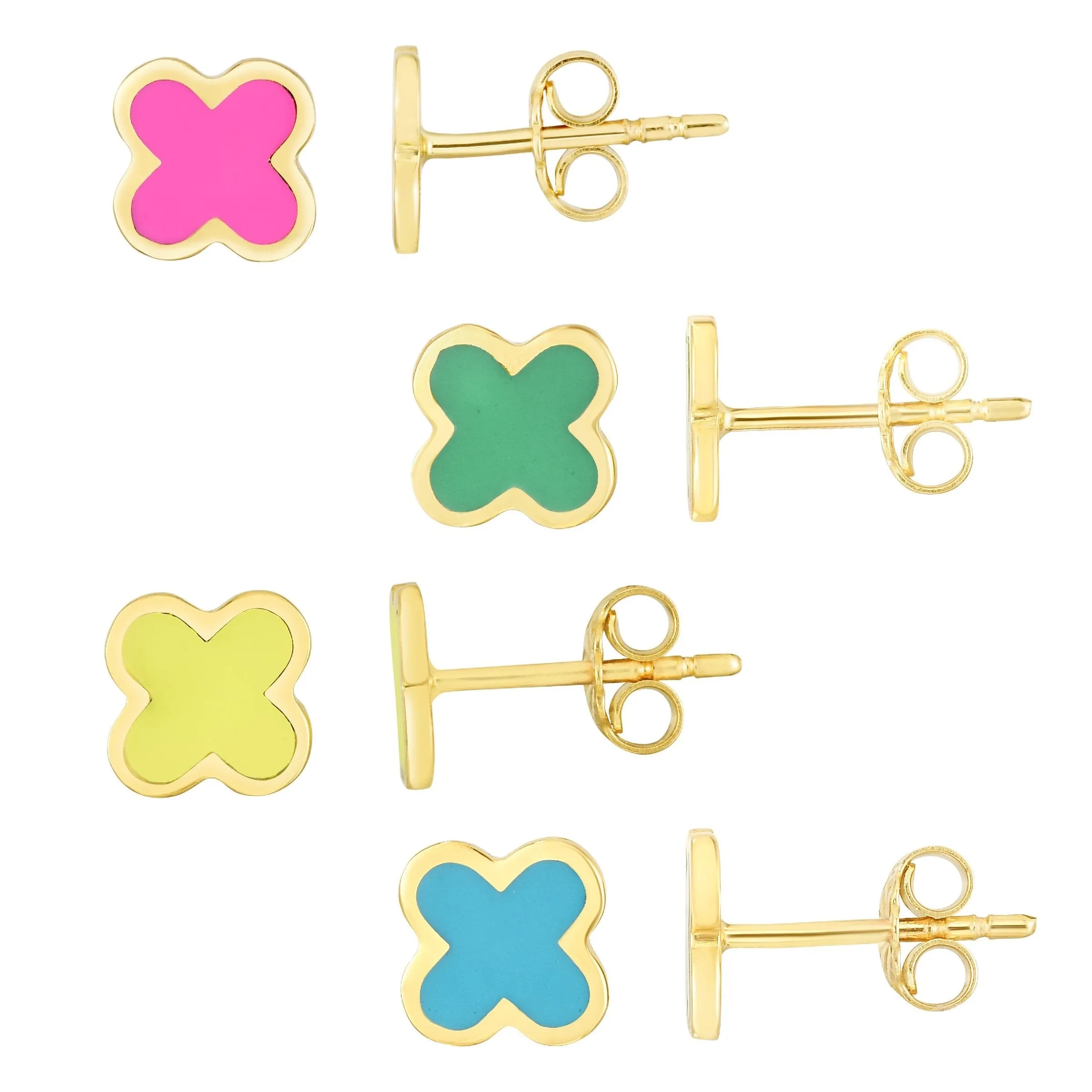 14K Yellow Gold Enamel Clover Stud Earrings