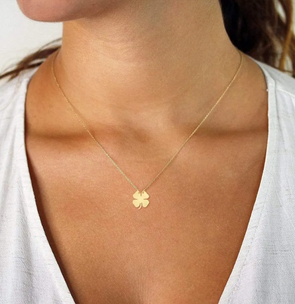 14K Yellow Gold Lucky 4 Leaf Clover Pendant Necklace