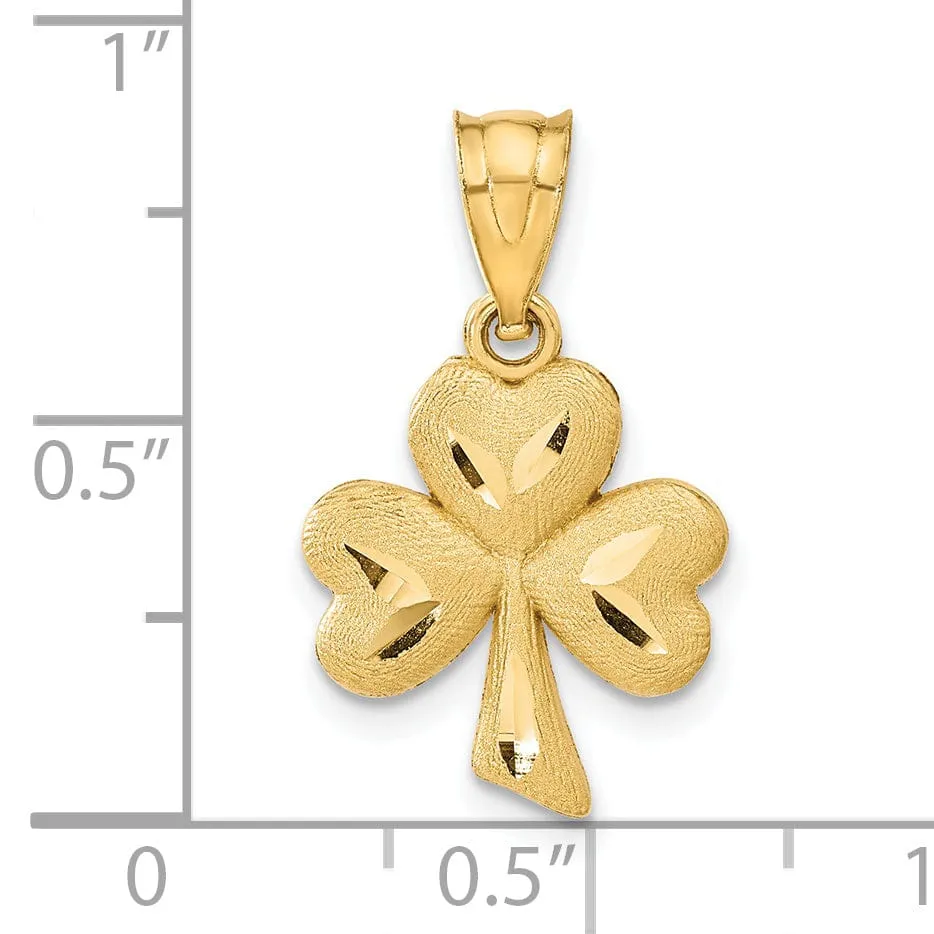 14k Yellow Gold Solid Brush Textured Polished Diamond Cut Finish Shamrock Charm Pendant